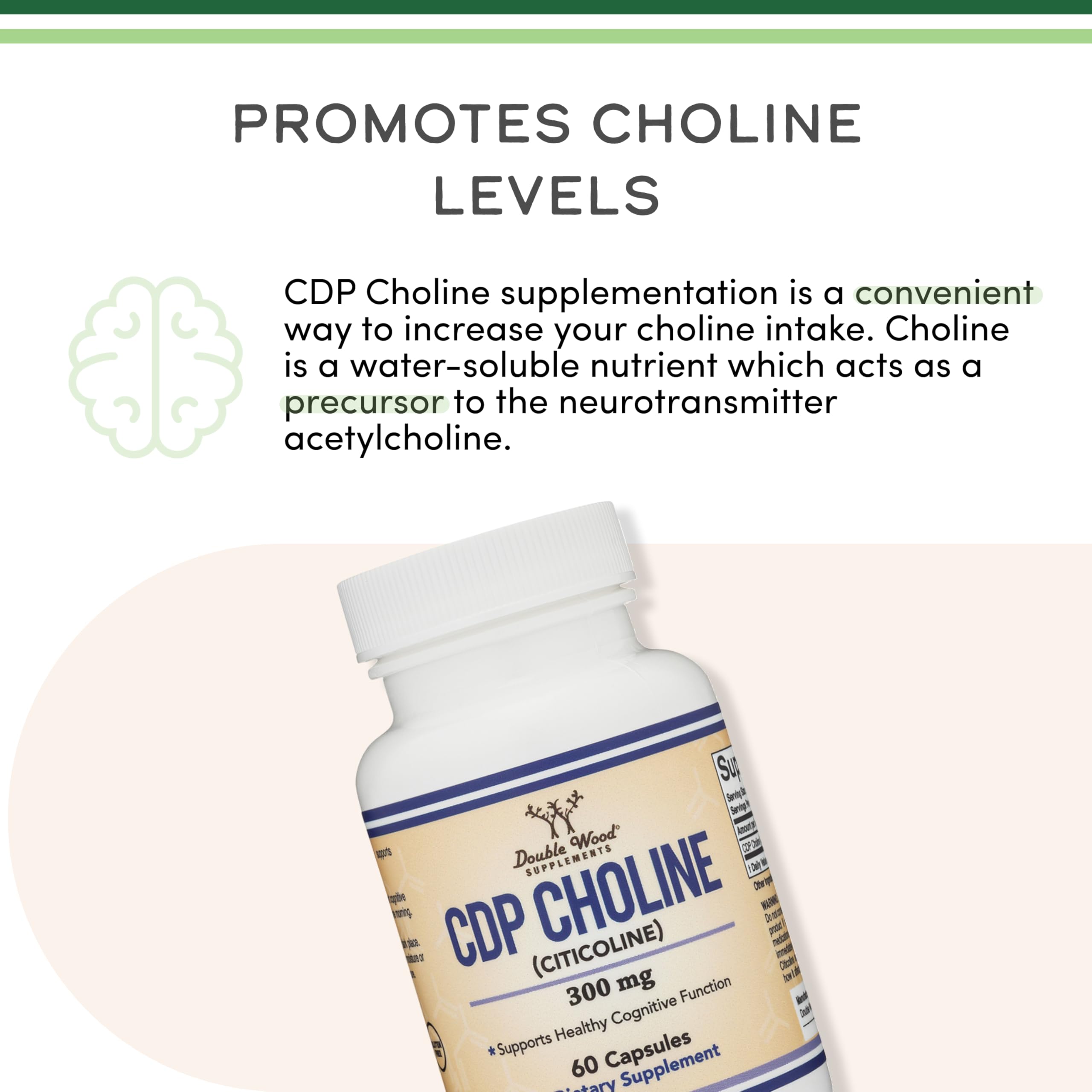 Double Wood Supplements CDP Choline (Citicoline) Supplement, Pharmaceutical Grade, Third Party Tested (60 Capsules 300mg)