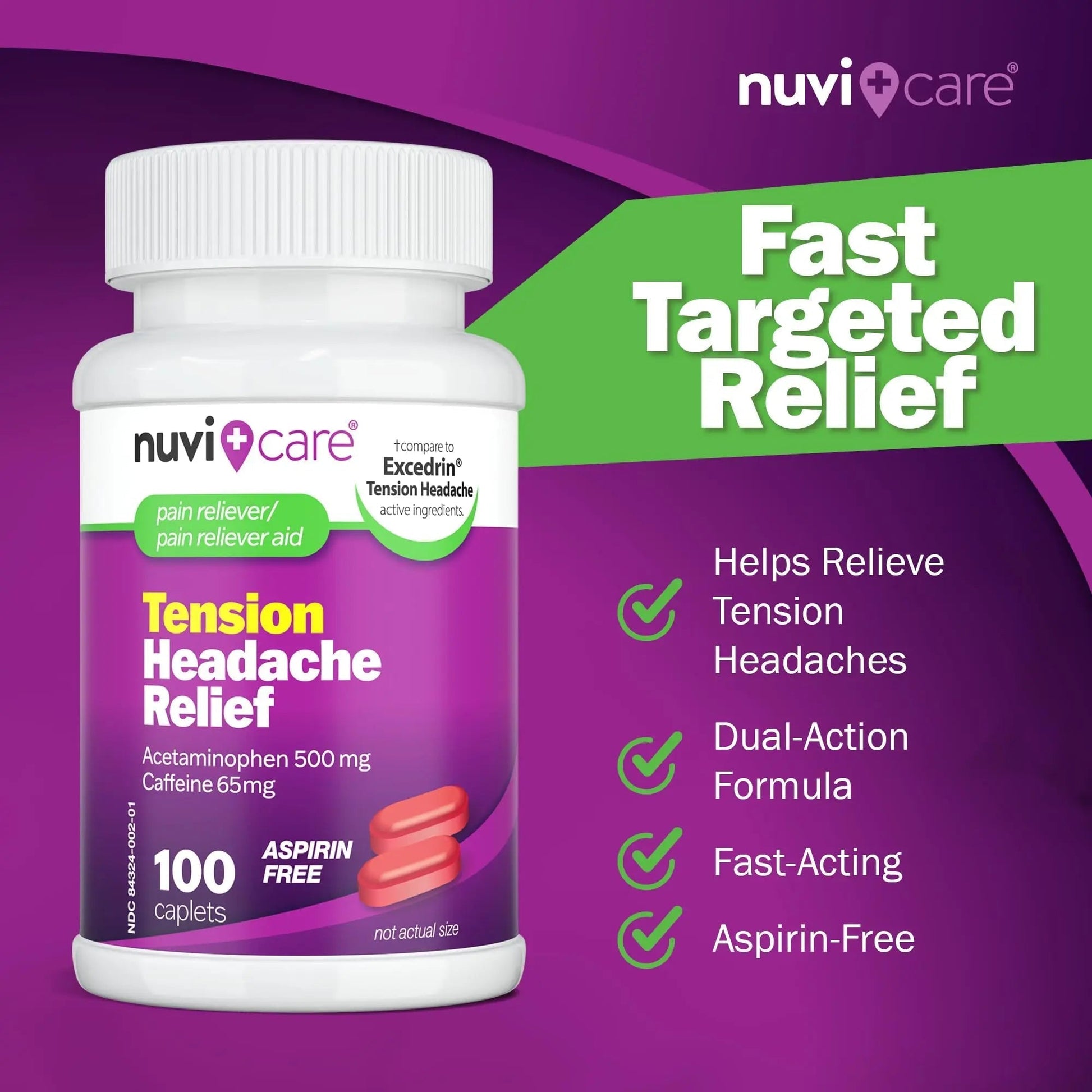 Nuvicare Tension Headache Relief Pills with 500mg Acetaminophen and 65mg Caffeine - Non Aspirin Pain Reliever Aid - Compare to Active Ingredient in Aspirin Free Excedrin Tension Headache (100 Caplets) NUVICARE Au supplements