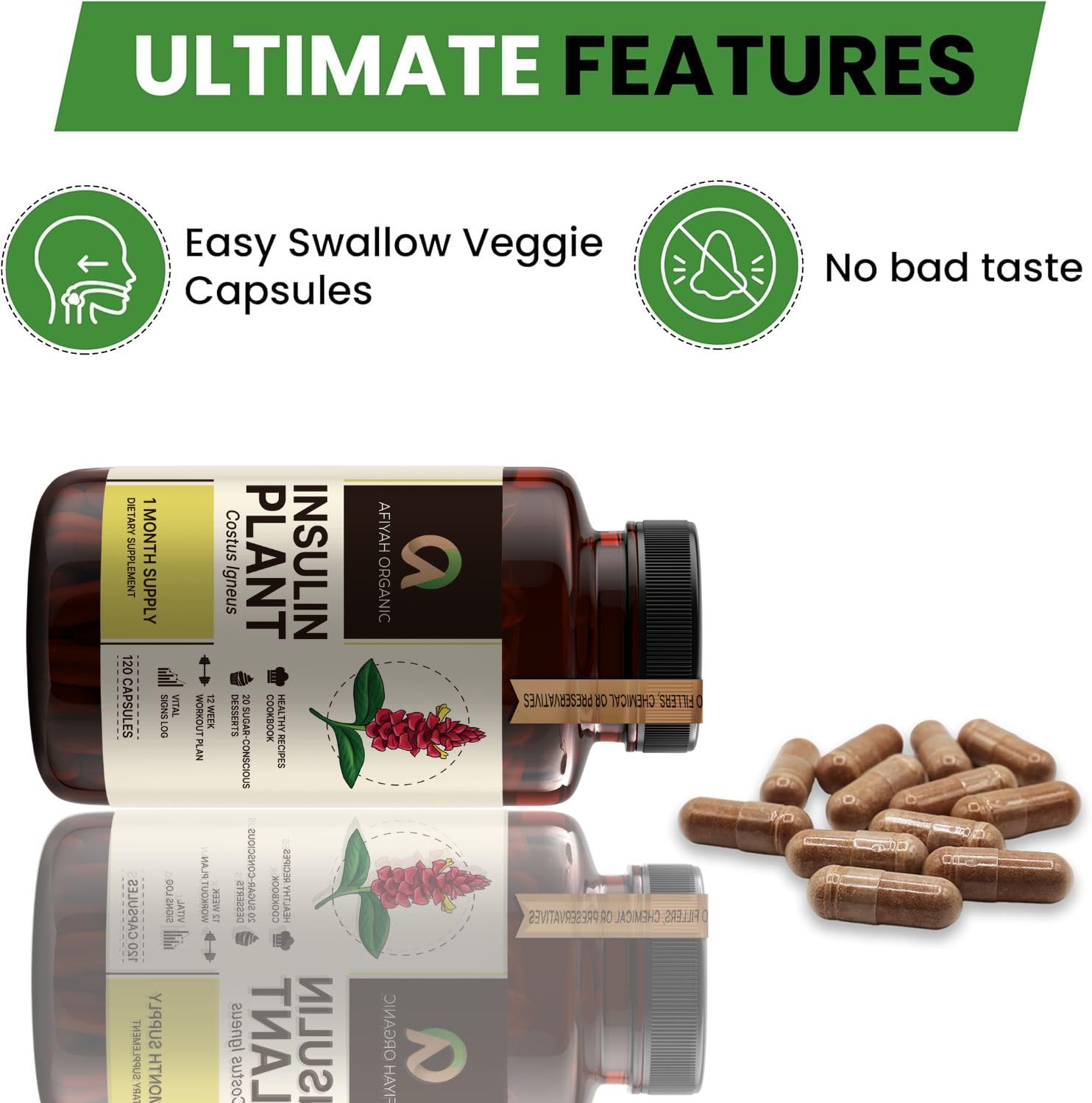 Afiyah Organic - Premium Quality Costus Igneus (Insulin Plant) Capsules - Easy to Swallow 120 Veggie Capsules (1 Month Supply) - Made in the USA - Including Complete Health Support Program Afiyah Organic Au supplements