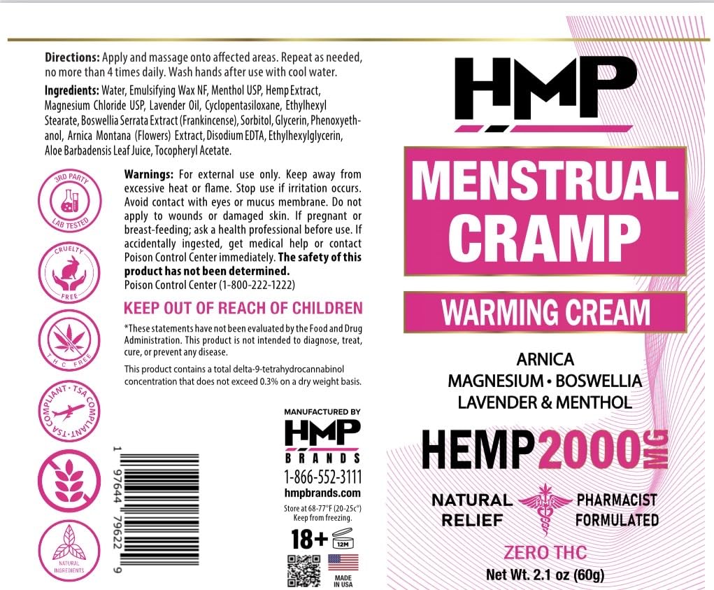 HMP BRANDS Menstrual Cramp Hemp Cream 2000MG with Menthol, Easy to Use, Natural Formula Made in USA 2.1oz HMP BRANDS Au supplements