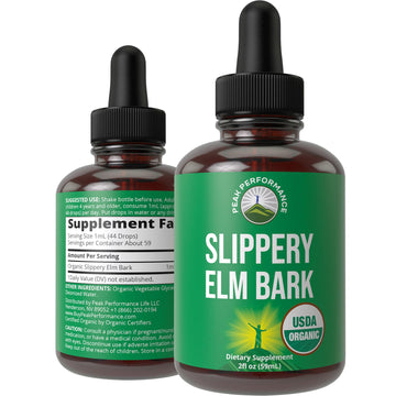 Slippery Elm Bark USDA Organic Vegan Liquid Drops. Extract with High Bioavailability for Women, Men, Kids. for Sore Throat, Irritated Stomach. Zero Sugar, Gluten Free, Tincture Supplement No Capsules Peak Performance Au supplements