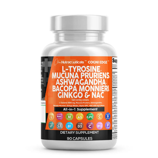 Clean Nutraceuticals L Tyrosine Mucuna Pruriens Bacopa Monnieri Ashwagandha Focus Supplement w/N-Acetyl Cysteine NAC 5-HTP Ginkgo Biloba Alpha GPC Vitamin C D B1 B12 Clean NutraceuticalsAU supplements