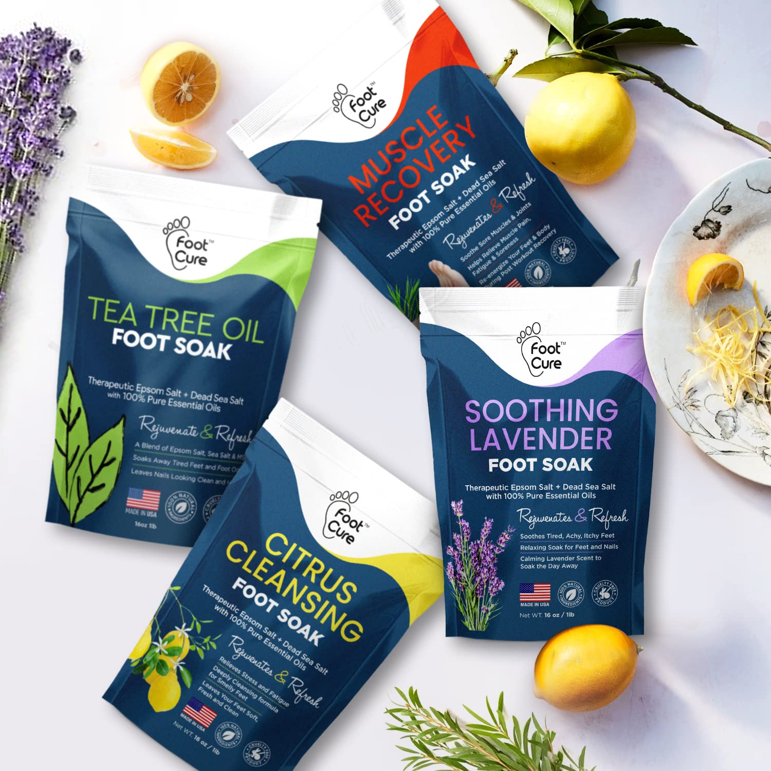 Foot Soak with Epsom Salts- Variety Pack of 4- Tea Tree Oil, Muscle Relief, Calming FOOT CURE Au supplements