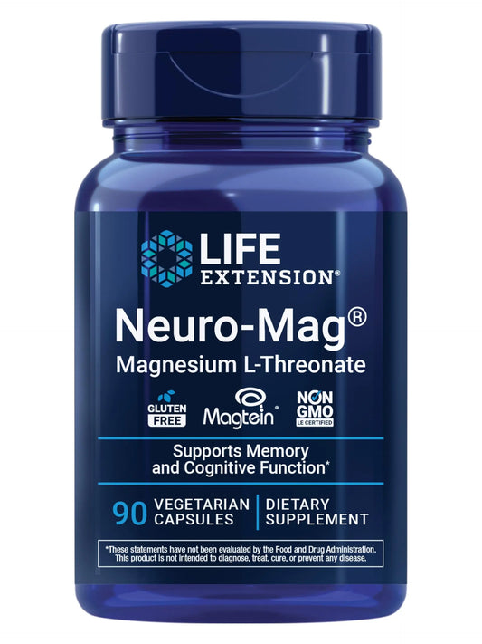 Life Extension Neuro-Mag Magnesium L-Threonate, Memory Health, Quick Thinking, Cognitive Health Support, Vegetarian, Non-GMO, 90 Vegetarian Capsules (144 mg from 2000 mg Magtein magnesium L-threonate Life ExtensionAu supplements