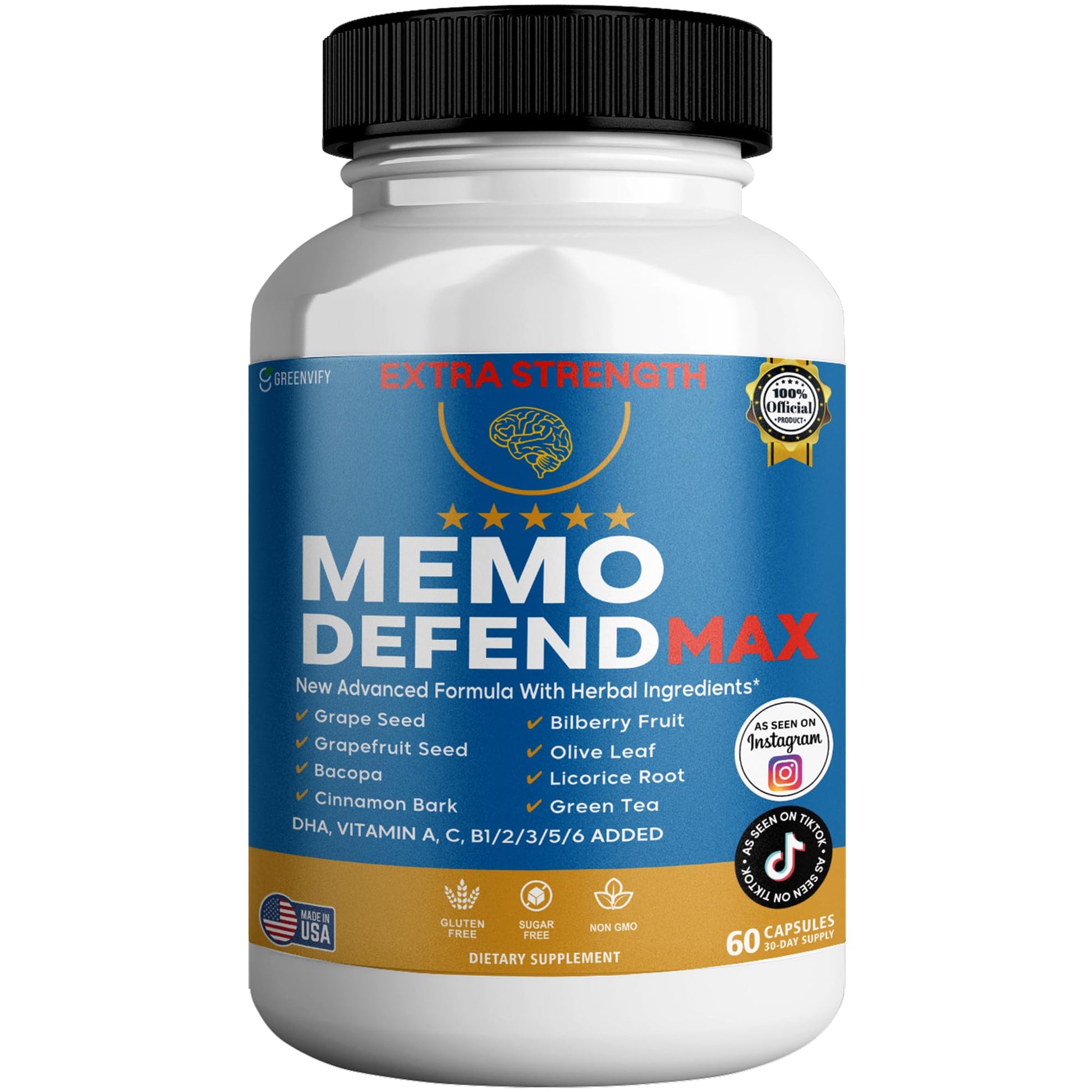 Memo Defend Max Memory Support Supplement, 60 Capsules, with Vitamins A C D E B Complex, DHA, Bacopa, Grapefruit Seed (1) GREENVIFY Au supplements
