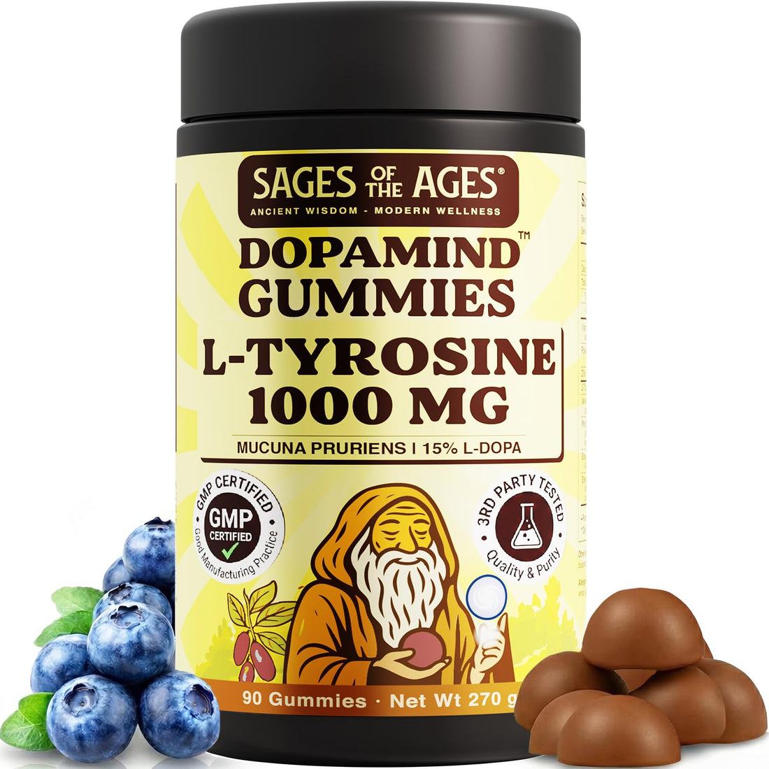 Sages Of The Ages L-Tyrosine Gummies 1000mg – Amino Acid Supplement with Mucuna Pruriens, B Vitamins & Rhodiola – Blueberry Flavor – 90 Gummies Sages Of The Ages Au supplements