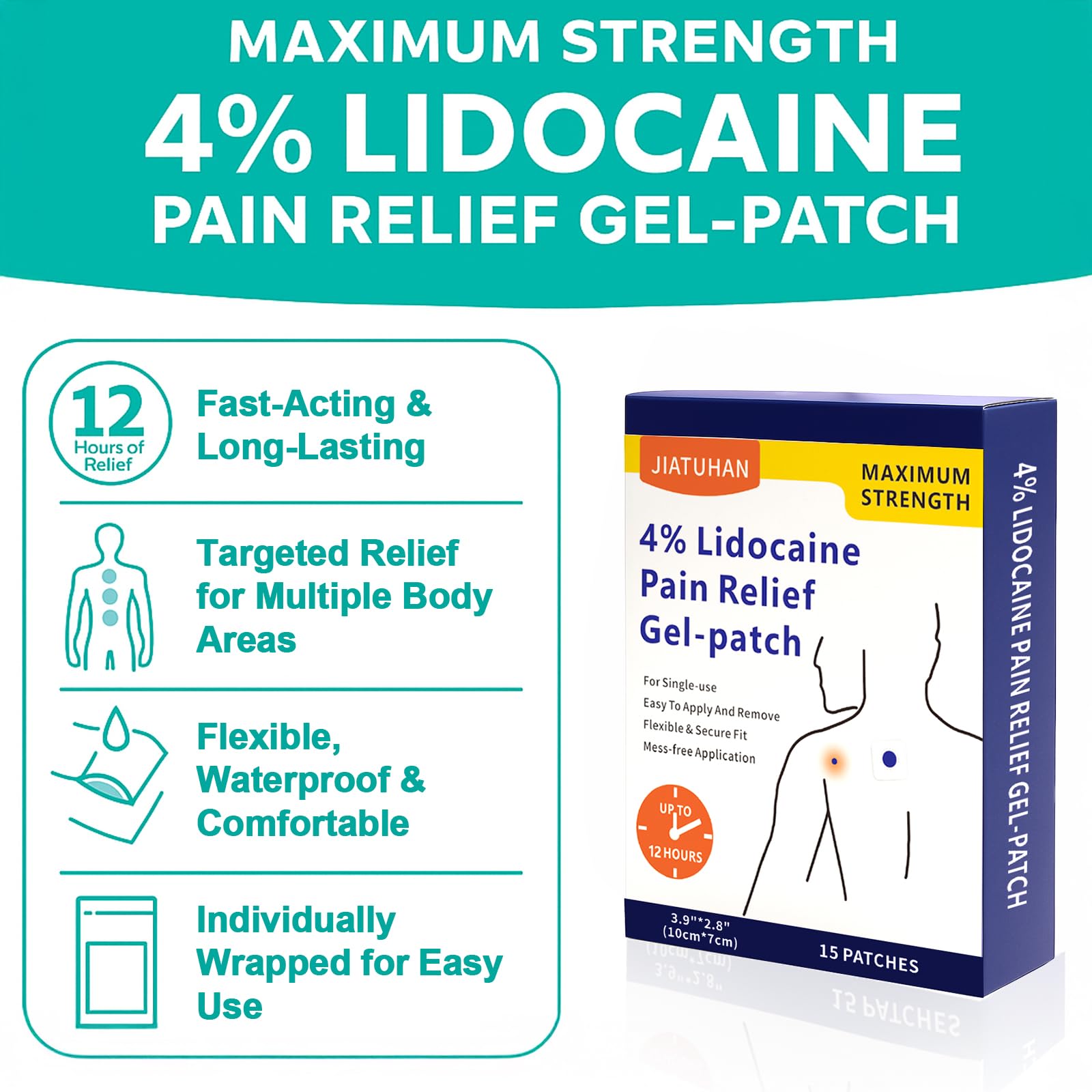JIATUHAN 4% Lidocaine Pain Relief Patches – Maximum Strength for Back, Neck, Joint & Muscle Pain – Long-Lasting & Flexible – 15 Patches JIATUHAN Au supplements
