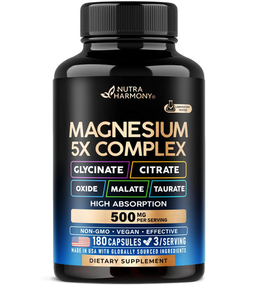 Magnesium Supplement - 5 in 1 Complex | Glycinate | Citrate | Malate | Taurate | Oxide - Made in USA - Stress, Muscle & Heart Support - Vegan, Natural, Non-GMO - 180 Capsules, 2 Month Supply NUTRAHARMONYAu supplements