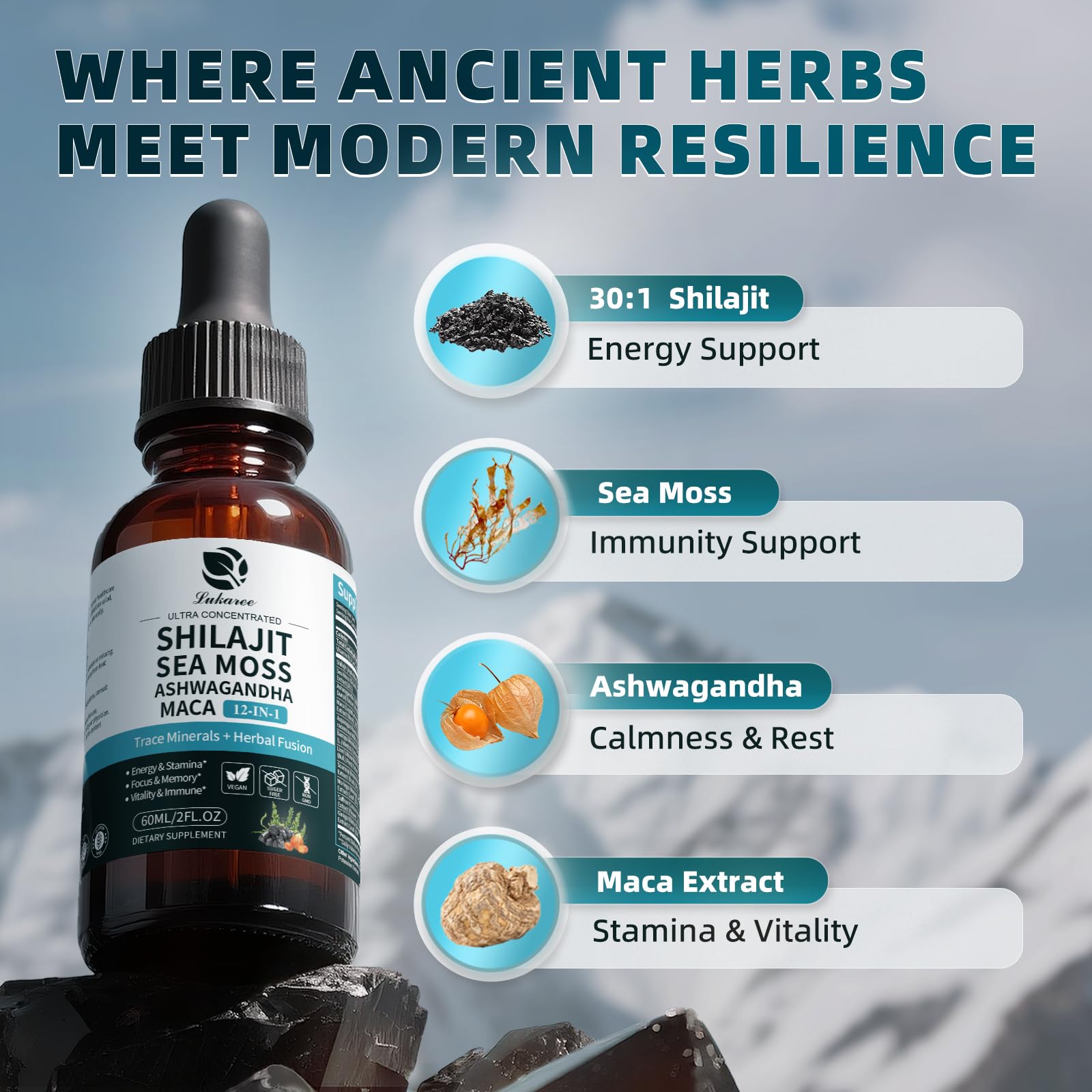 Shilajit Liquid Drops, 12-in-1 Complex - Sea Moss, Ashwagandha, Maca, Fulvic Acid, Trace Minerals, Liquid Vitamins Supplement for Men and Women, Energy, Antioxidant, Immune Support, 60ML/2 FL Oz Lukaree Au supplements