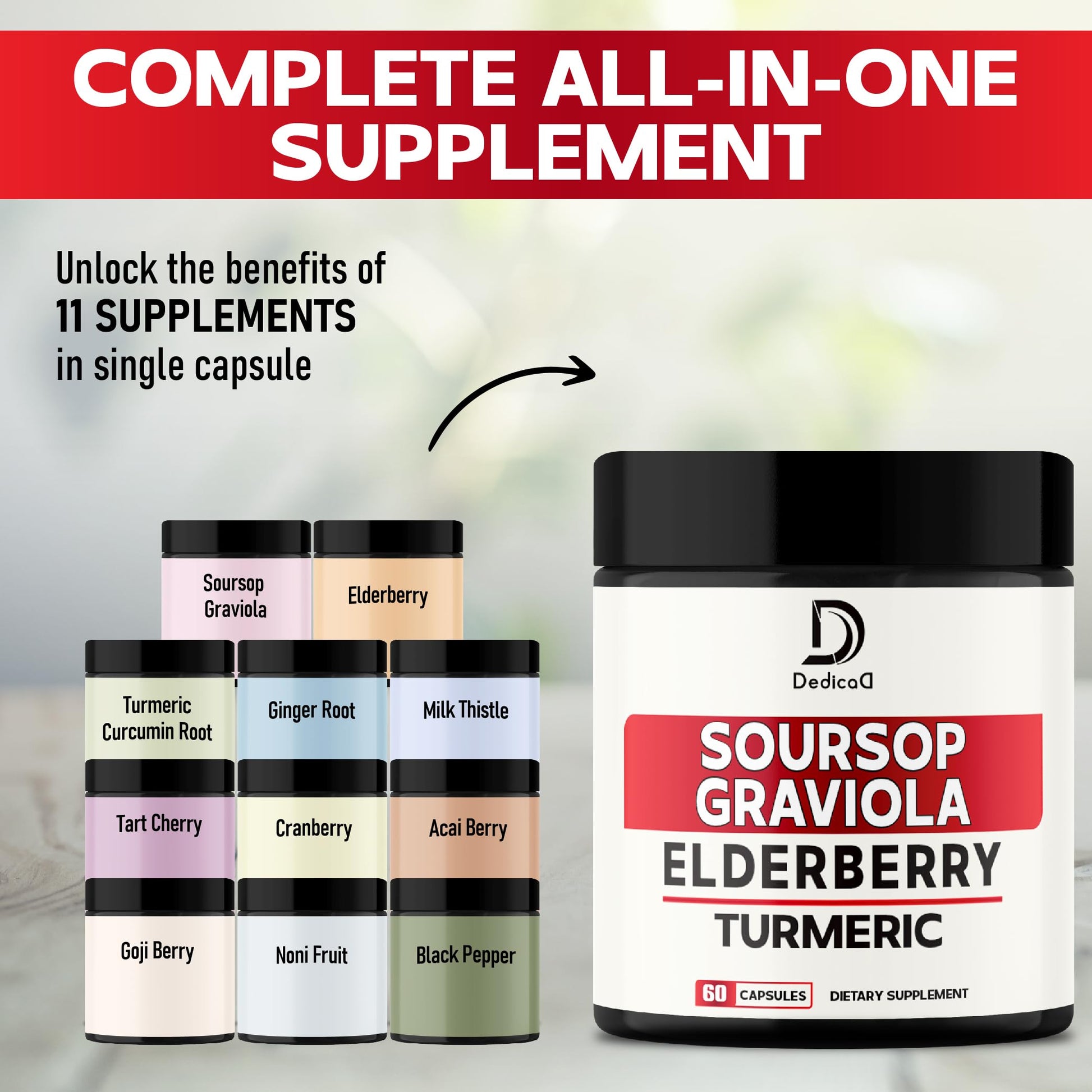DEDICAD 11in1 Graviola Soursop Capsules - Blended with Elderberry, Turmeric, Ginger, Milk Thistle, Cranberry & More - Support Positive Mood, Immune System & Body Management DEDICAD Au supplements