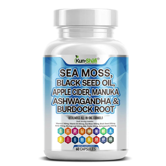 Kun Shafi Sea Moss Complex – with Black Seed Oil, Shilajit, Amla, Moringa, Turmeric, Ashwagandha & Burdock – Enriched with Vitamin C, D3, Chlorophyll, Manuka & Ginger – 60 Capsules Kun ShafiAu supplements