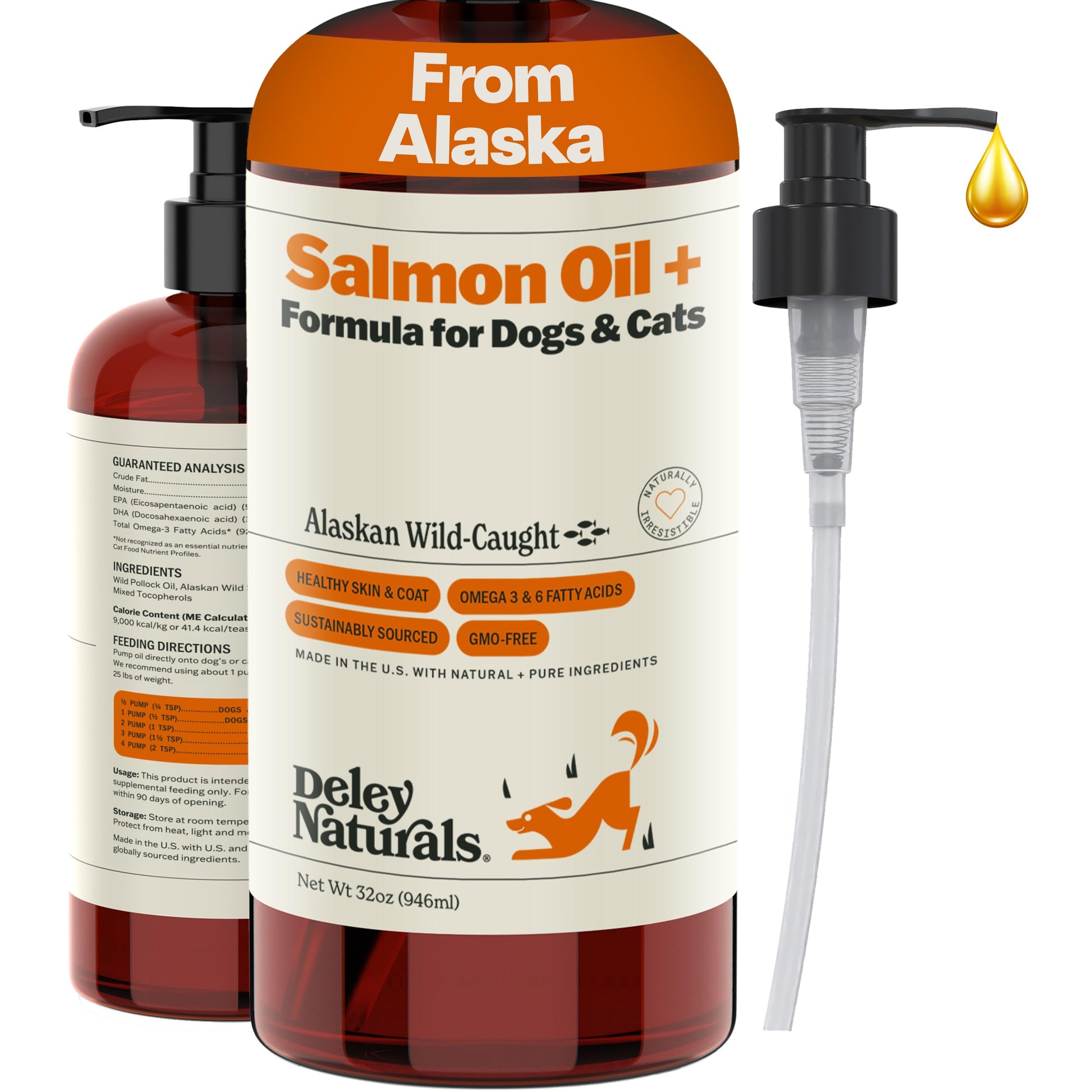 Deley Naturals Wild Alaskan Salmon Oil for Dogs & Cats - New and Improved Salmon Oil Plus Formula - Fish Oil for Dogs with Omega 3, DHA and EPA - Omega 3 for Healthy Skin and Coat - 32oz Made in USA Deley Naturals Au supplements