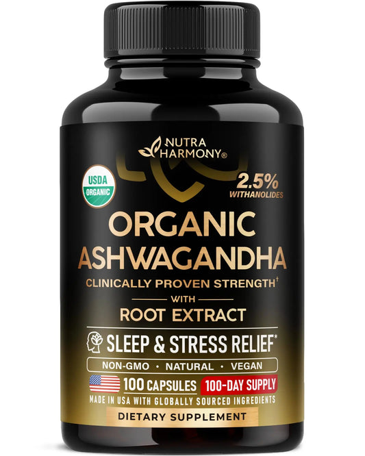 Ashwagandha Supplements 1800mg - USDA Organic Ashwagandha for Women & Men - Clinically Effective Strength for Stress Relief & Sleep - Powder & Root Extract 2.5% Withanolides - Made in USA 100 Capsules NUTRAHARMONYAU supplements