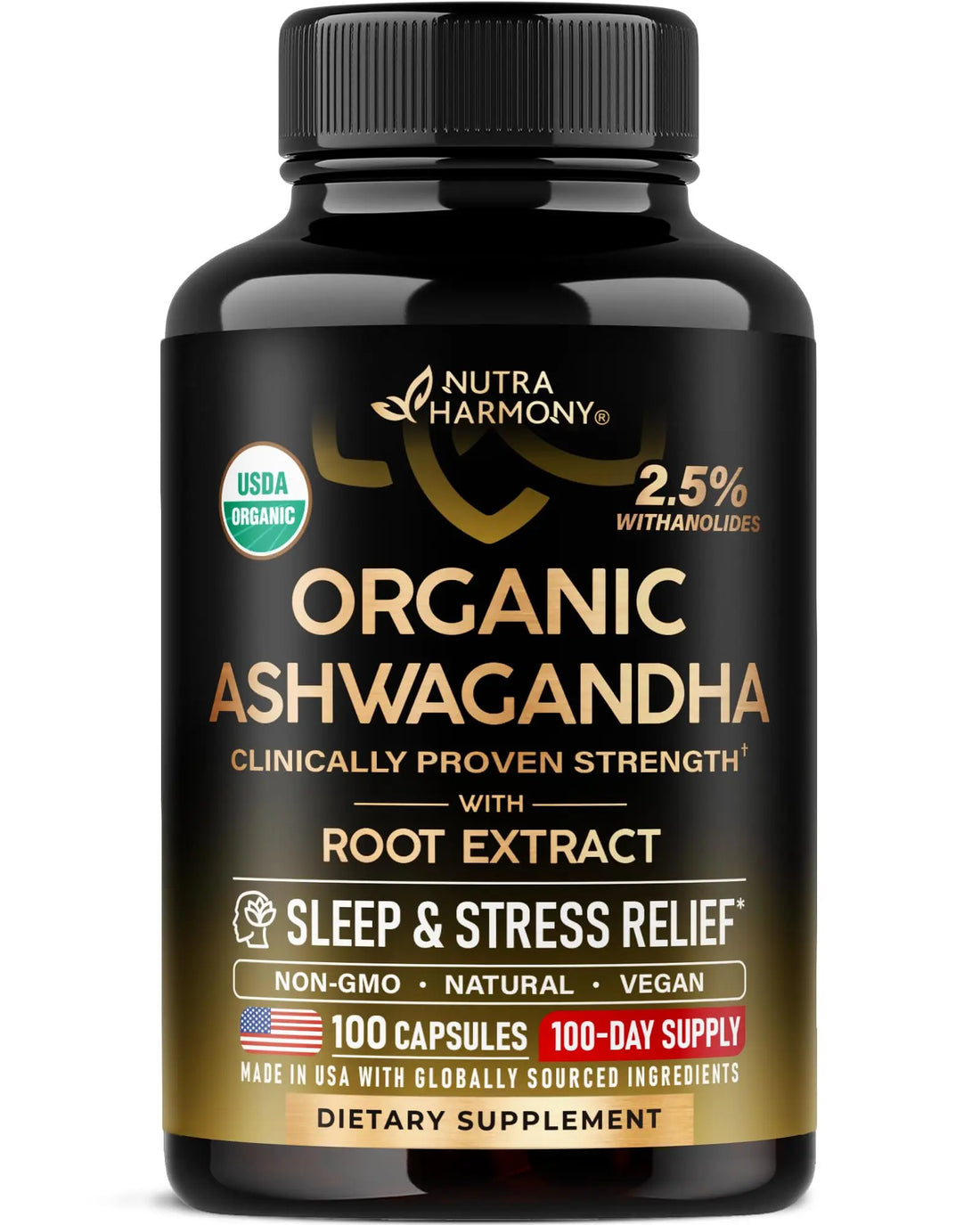 Ashwagandha Supplements 1800mg - USDA Organic Ashwagandha for Women & Men - Clinically Effective Strength for Stress Relief & Sleep - Powder & Root Extract 2.5% Withanolides - Made in USA 100 Capsules NUTRAHARMONY uk supplements