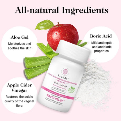 Kushae Boric Acid Suppositories + Rapid Relief, All Natural Female Suppositories with Probiotics & Aloe Vera, Relieves Discomfort & Balances pH Level Bottle Only 21 Capsules KushaeUS supplements