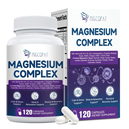 Migcopat Magnesium Complex w/Magnesium Glycinate, Malate, Citrate | 24-in-1 Magnesium Supplement w/Ashwagandha, L-Theanine & NAD+ | Supports Calm, Energy, Muscle & Sleep | Non-GMO, 120 Vegan Caps MigcopatAu supplements