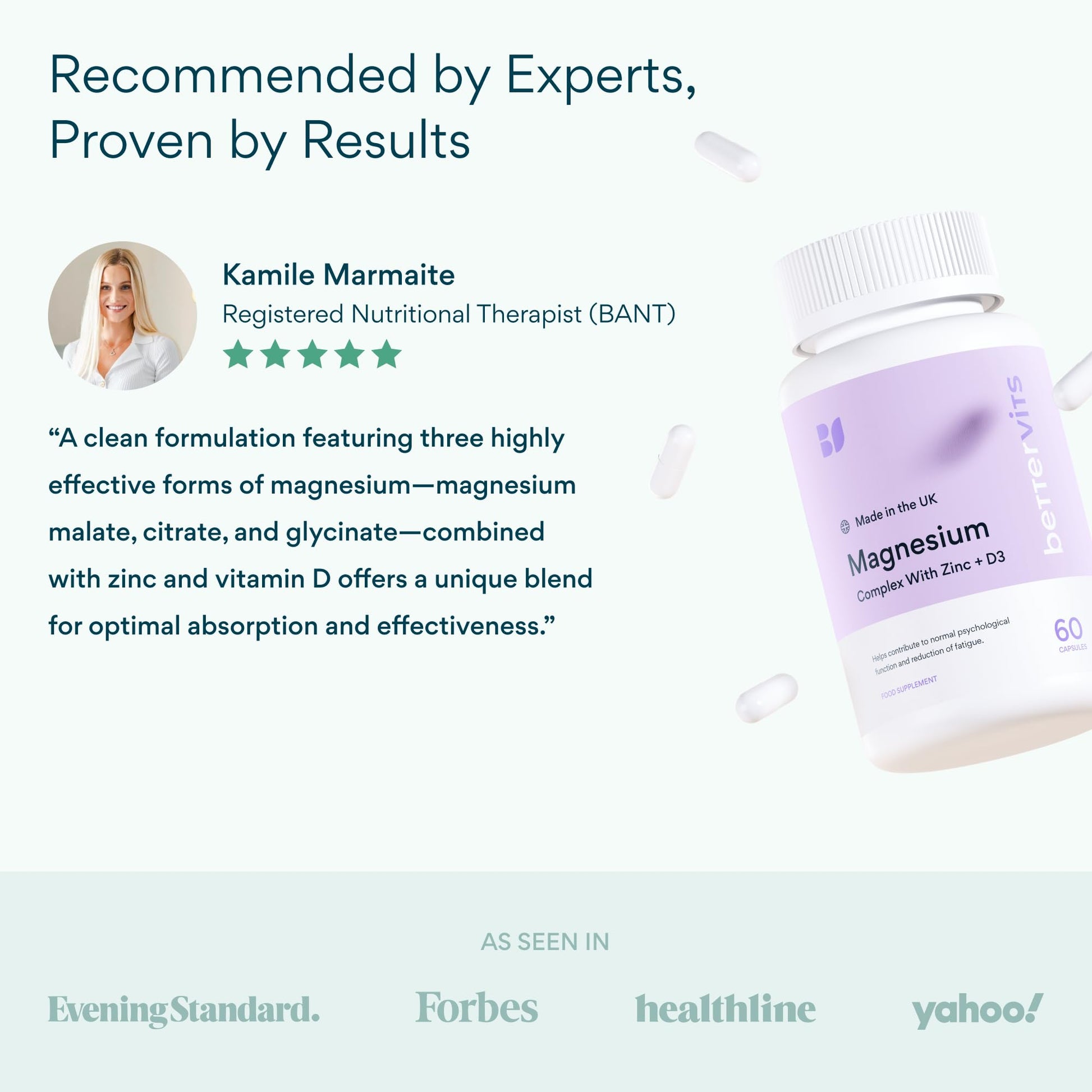 Bettervits Magnesium Glycinate Complex with Citrate Malate Zinc & Vitamin D3 | High Absorption Pure Magnesium 225mg Supplement Chelated Formula for Muscle Relaxation, Sleep Support – 60 Capsules Bettervits Au supplements