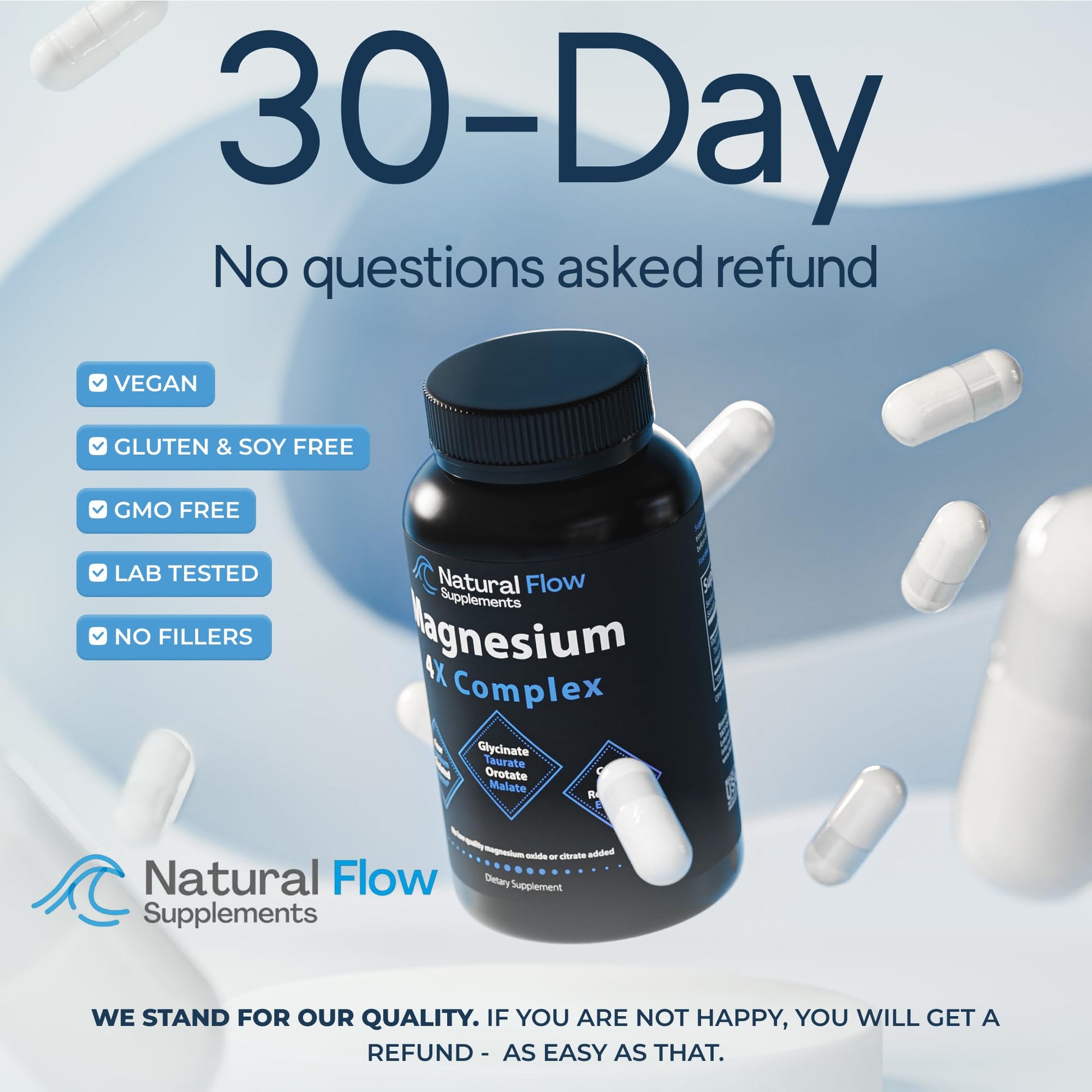 Natural Flow 4X Magnesium Supplement, Magnesium Glycinate, Taurate, Malate, Orotate Complex, Calm Sleep and Cramp Support Blend, No Mag Citrate or Oxide, 120 Capsules Natural Flow Supplements Au supplements