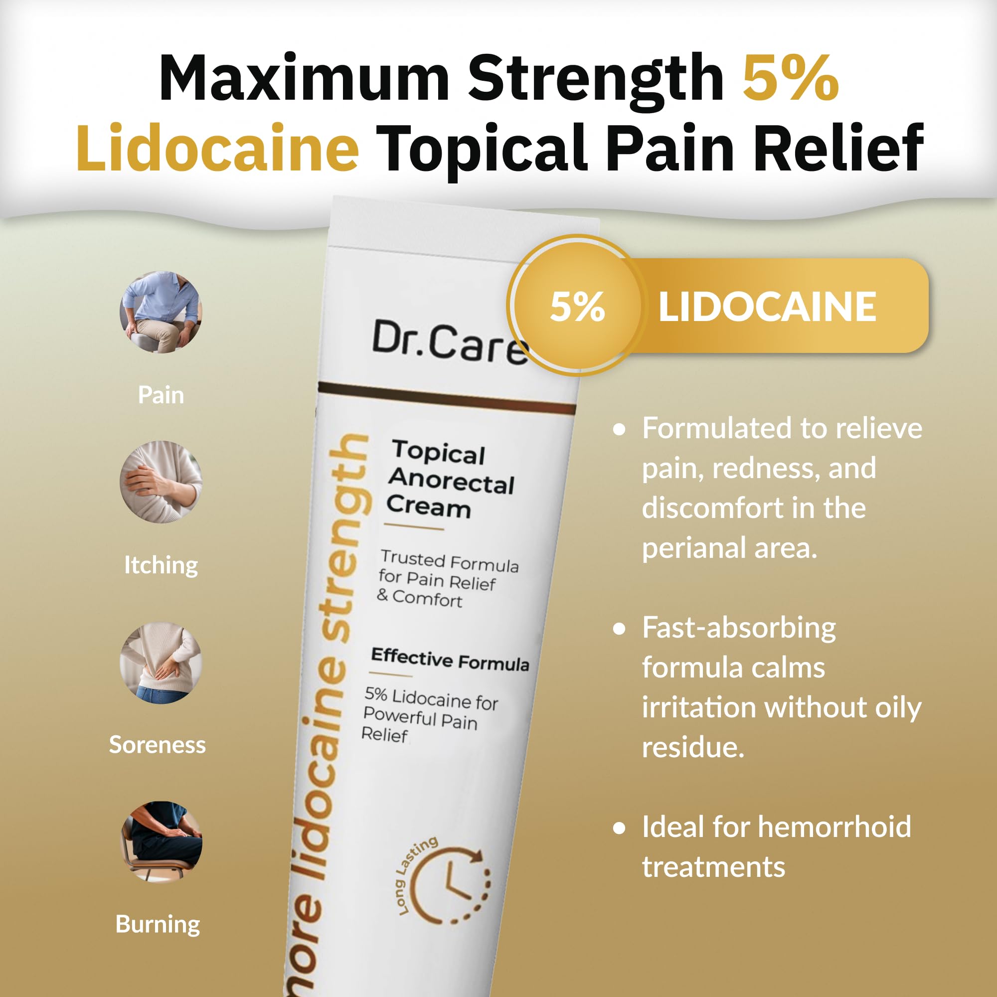 Dr Care Anorectal Cream with 5% Lidocaine - Maximum Strength Topical Anesthetic for Hemorrhoid Relief, Itching, & Burning (1.0 oz) Dr Care Au supplements