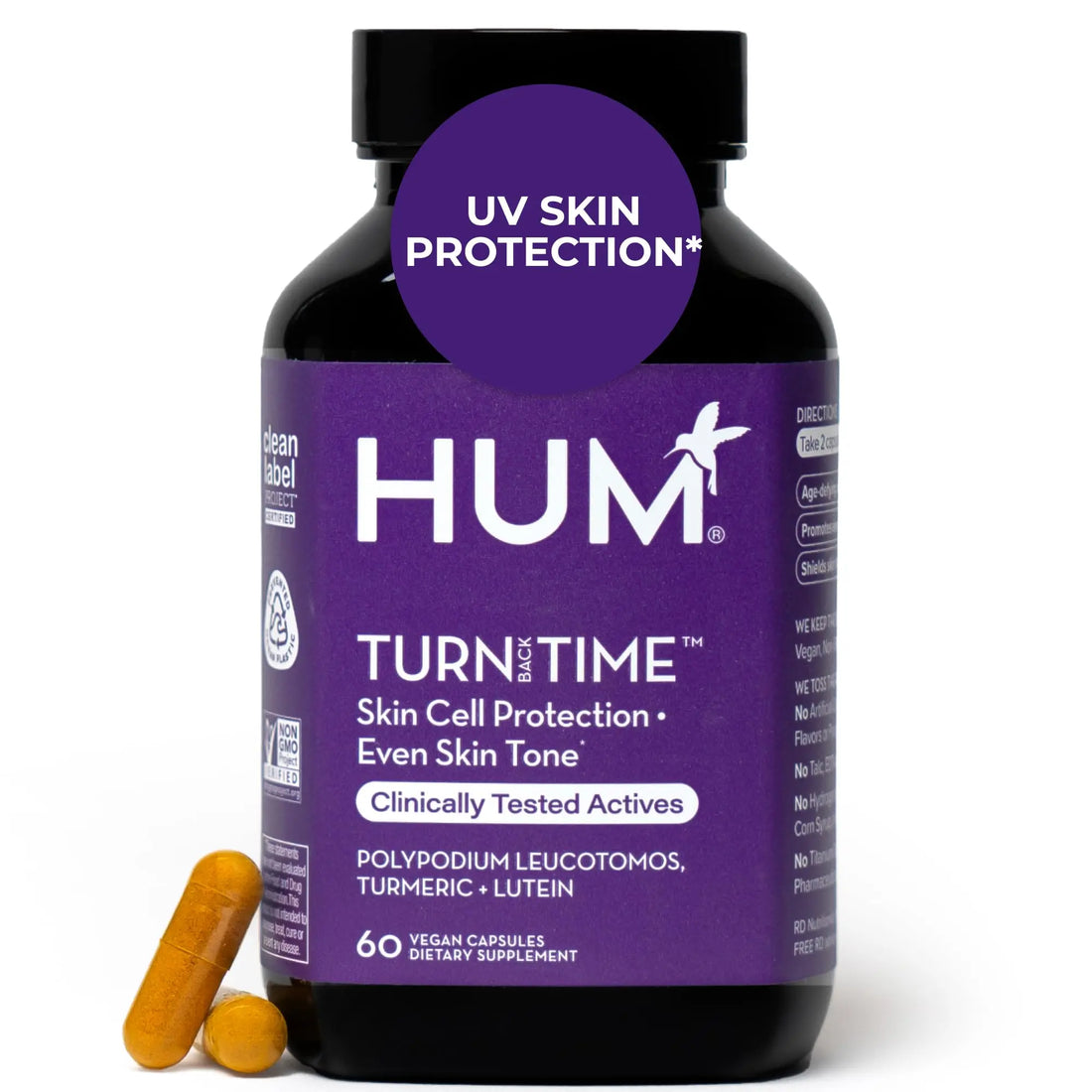 HUM Turn Back Time Turmeric Supplement for Youthful Looking Skin Support with Green Tea Extract, Lutein & Polyphenols, Skin Care Aging & Collagen Support Capsules for Even Tone, 60 Vegan Capsules HUM uk supplements