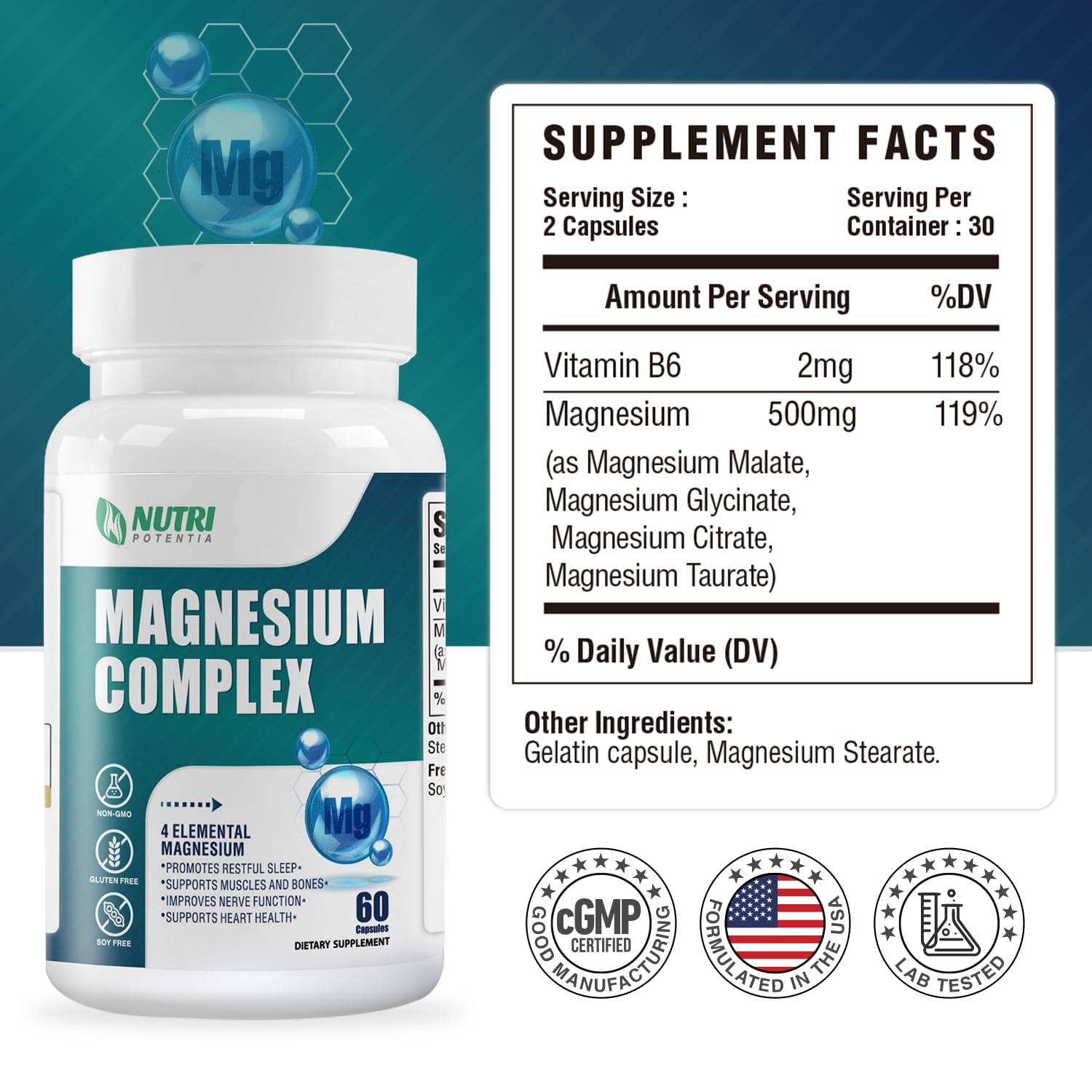 Magnesium Complex for Women&Men,With Glycinate Malate Citrate Taurate.Support for Sleep,Stress Relief,Cognitive Function,Magnesium Supplement 500mg,Third-Party Tested(Made & Tested in USA)-60 Capsules NUTRI POTENTIA Au supplements
