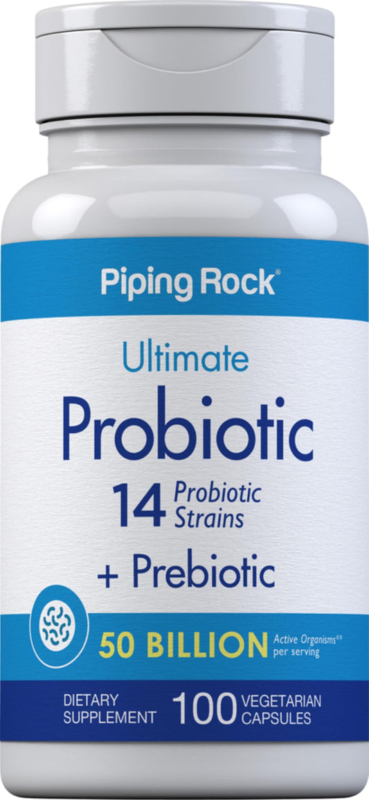 Piping Rock Probiotic and Prebiotic for Women and Men | 50 Billion CFU | 100 Capsules | Ultimate 14 Strain Supplement | Vegetarian, Non-GMO, Gluten Free Piping RockUS supplements