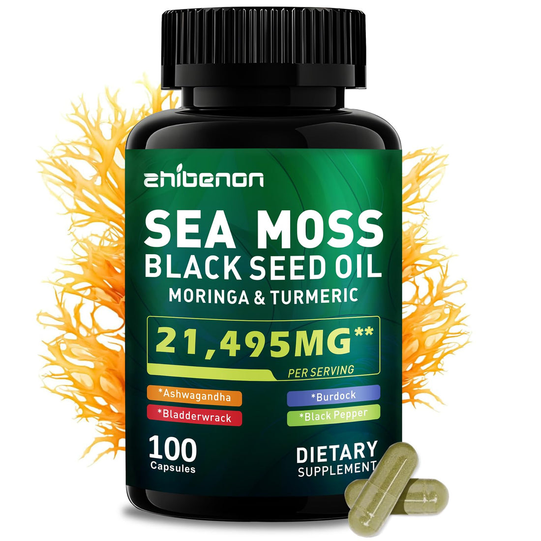 Zhibenon Sea Moss Capsules with Bladderwrack & Burdock - 50 Day Supply - Powerful Formula with Black Seed Oil, Ashwagandha, Turmeric, Vitamin C, Vitamin D3, Moringa & Black Pepper Extract Zhibenon Au supplements