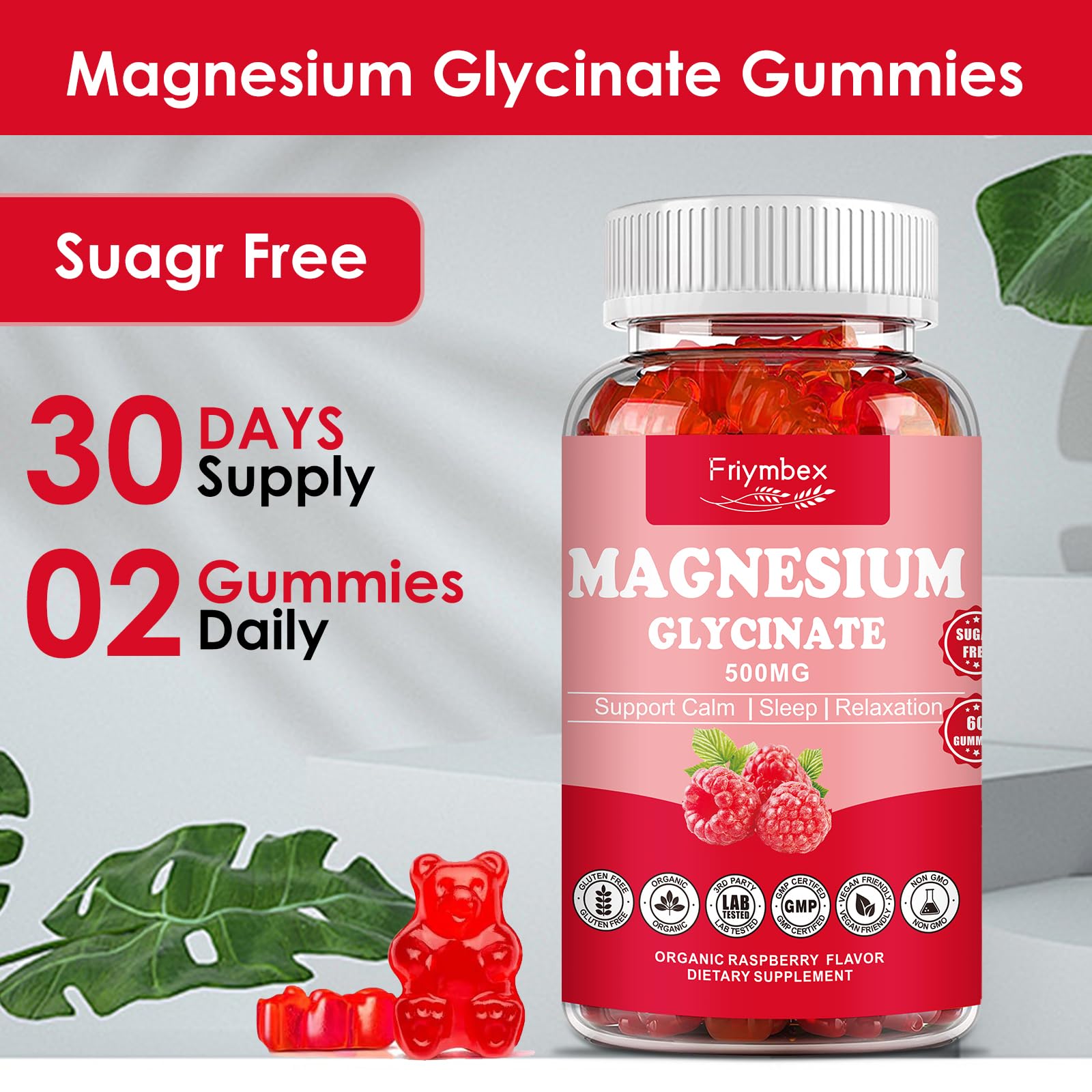 Magnesium Glycinate Gummies 500mg | Relaxation Calm Magnesium Gummies | Sugar-Free | Non-GMO | Gluten-Free | Vegan-Friendly for Adults & Kids (60 Raspberry Gummies) Friymbex Au supplements