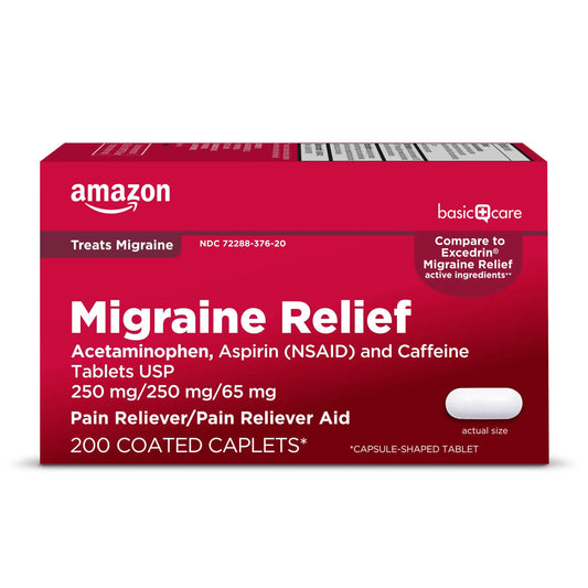 Amazon Basic Care Migraine Relief Acetaminophen, Aspirin (NSAID) and Caffeine Tablets, Pain Reliever/Pain Reliever Aid, 200 Count Amazon Basic CareAU supplements