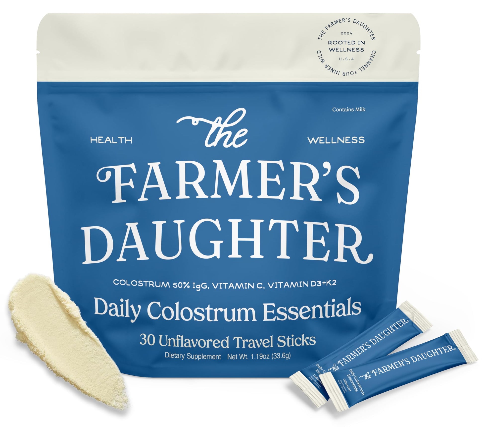 THE FARMER'S DAUGHTER Colostrum Powder | Unflavored | Gut Health & Bloating | Hair, Skin & Nails | Immunity Supplement | 30 Individual Travel Stick Packs THE FARMER'S DAUGHTER Au supplements