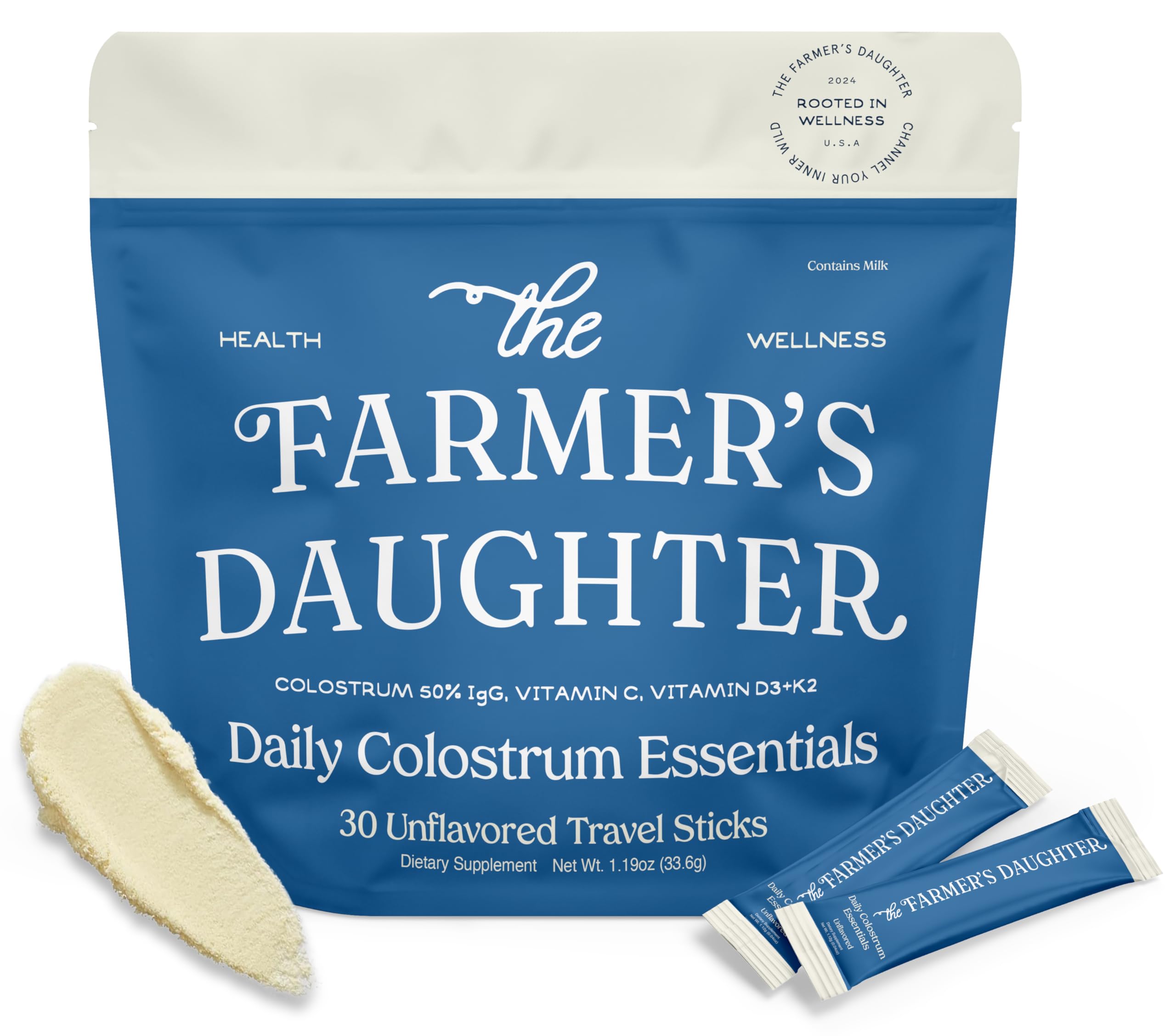 THE FARMER'S DAUGHTER Colostrum Powder | Unflavored | Gut Health & Bloating | Hair, Skin & Nails | Immunity Supplement | 30 Individual Travel Stick Packs THE FARMER'S DAUGHTER Au supplements