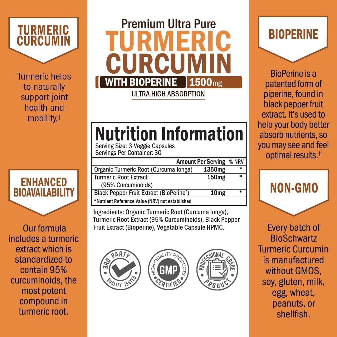 Turmeric Curcumin with Black Pepper Extract 1500mg - High Absorption BioSchwartz Au supplements