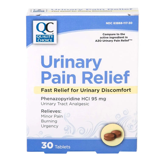 Quality Choice Fast Acting Urinary Pain Relief, Phenazopyridine Hydrochloride 95mg, Relieves UTI Pain, Burning, Frequent Urination, Bladder Discomfort, Urgency. One 30 Tablet Box (30 Total Tablets) Quality ChoiceAU supplements