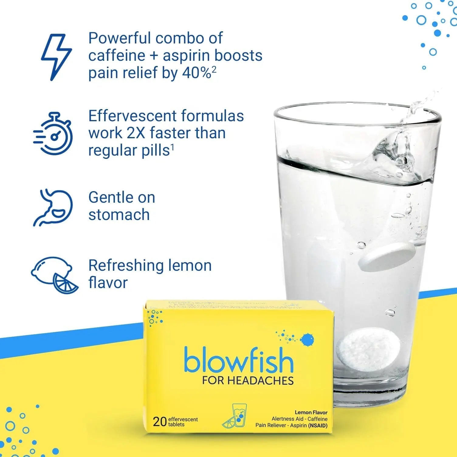 Blowfish for Headaches | Maximum Strength Effervescent Pain Relief Tablets – Treats Headaches Fast, 2X Faster Than Pills – Lemon Flavor (2 Pack) Blowfish Au supplements