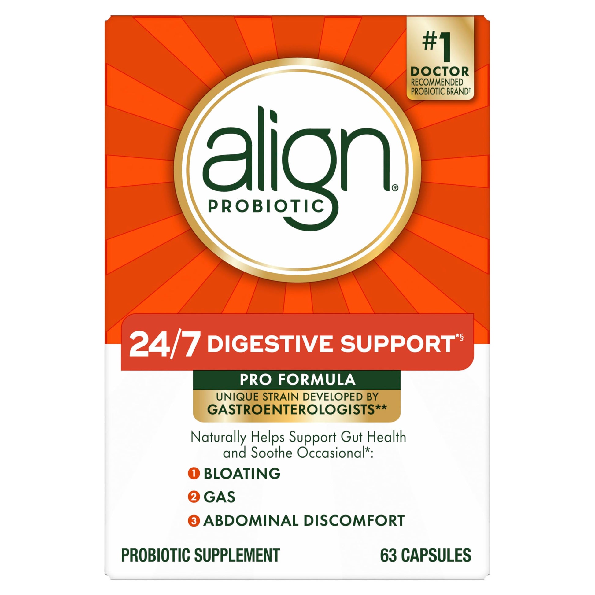Align Probiotic, Pro Formula, Probiotics for Women and Men, Probiotics for Digestive Health, Men and Womens Probiotic Capsules Help Relieve Occasional Bloating & Gas*, 63 Capsules Align Au supplements