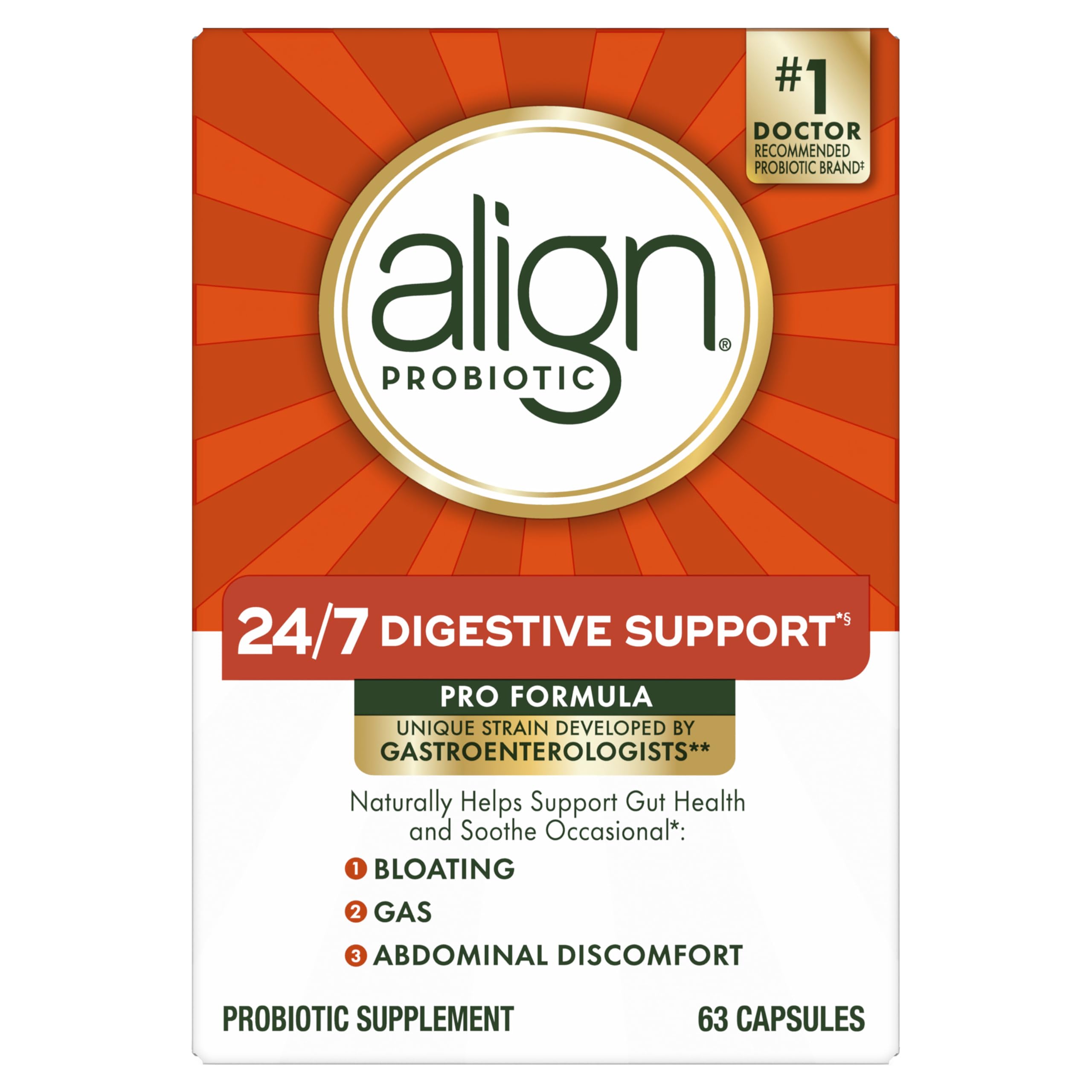 Align Probiotic, Pro Formula, Probiotics for Women and Men, Probiotics for Digestive Health, Men and Womens Probiotic Capsules Help Relieve Occasional Bloating & Gas*, 63 Capsules Align Au supplements