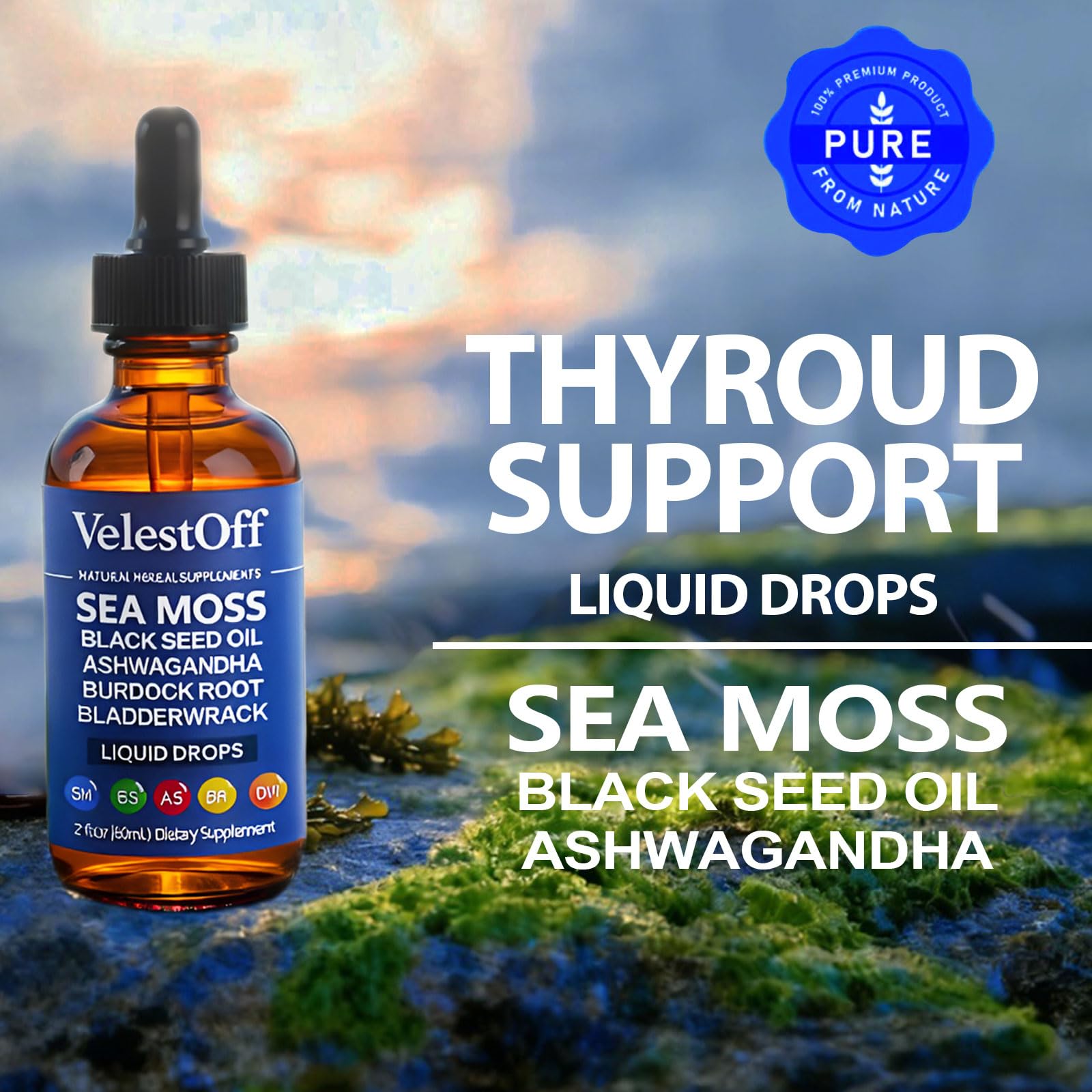 Velestoff Irish Seamoss Thyroid Hormone Regulator, Velestoff Thyroid Support Drops | Sea Moss, Black Seed Oil, Ashwagandha, Burdock Root, Bladderwrack, Hormone Balance & Support - 2 FL.OZ (1 Pcs) Velestoff Au supplements