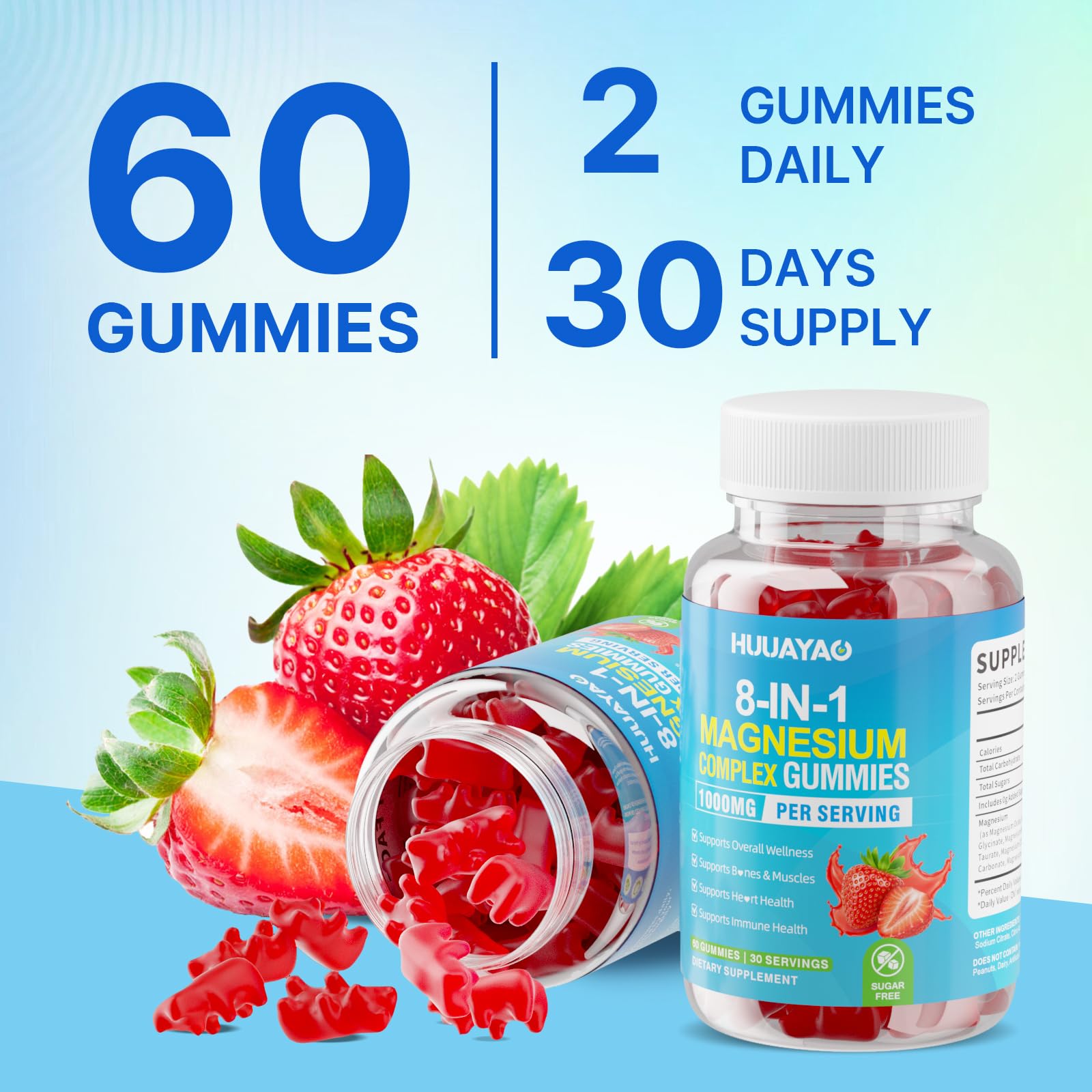 Magnesium Complex Gummies for Women Men 8 in 1, Magnesium Glycinate, Citrate, Malate, Taurate, Supports Bones, Muscle, Nerve Health, Sugar-Free, Vegan Non-GMO, Strawberry Flavor, 120 Count HUUAYAO Au supplements