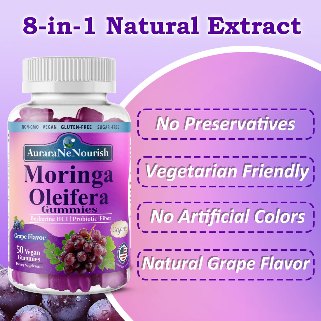 AuraraNeNourish Organic Moringa Oleifera Gummies for Women & Men, 8-in-1 Superfood Blend w. Berberine HCl & Moringa Leaf Extract for GLP-1 Support & Energy Immune Joint & Gut Health Sugar-Free AuraraNeNourish uk supplements