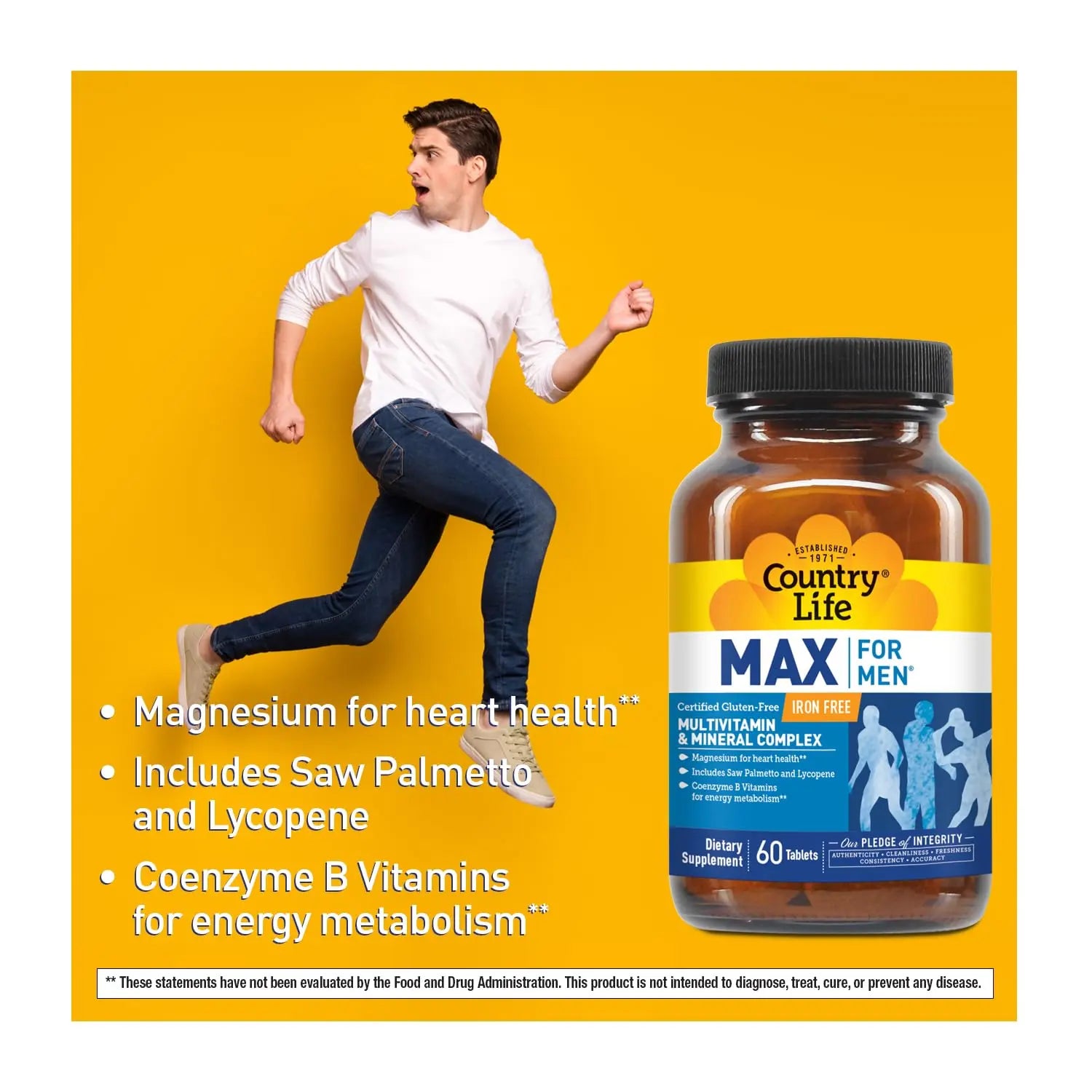 Country Life Max for Men, Multivitamin & Mineral complex, Iron-Free, Vegetarian Tablets, 60 Count, Certified Gluten Free, Certified Vegetarian Country Life Au supplements