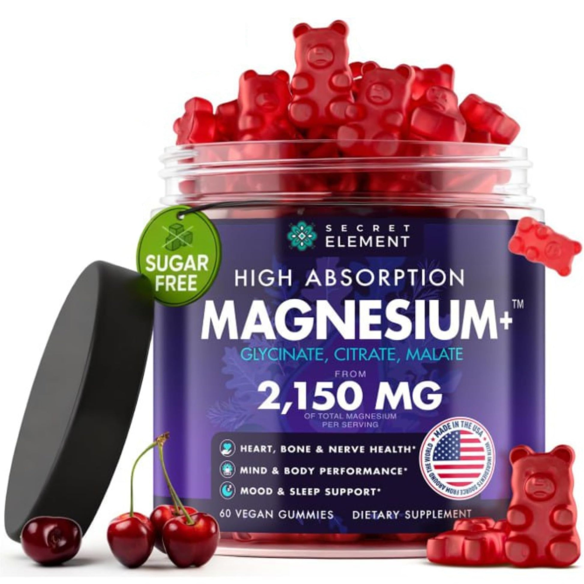 Magnesium Gummies 3in1 - Glycinate, Citrat, Malate 2150 MG High Absorption Supplement, Sugar-Free, Vegan, Chews for Men & Women, Inspired by Wellness Traditions Like Arjuna, 60 Gummies, Cherry Flavor Secret Element Au supplements