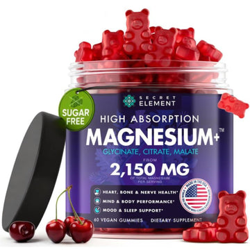 Magnesium Gummies 3in1 - Glycinate, Citrat, Malate 2150 MG High Absorption Supplement, Sugar-Free, Vegan, Chews for Men & Women, Inspired by Wellness Traditions Like Arjuna, 60 Gummies, Cherry Flavor Secret Element Au supplements