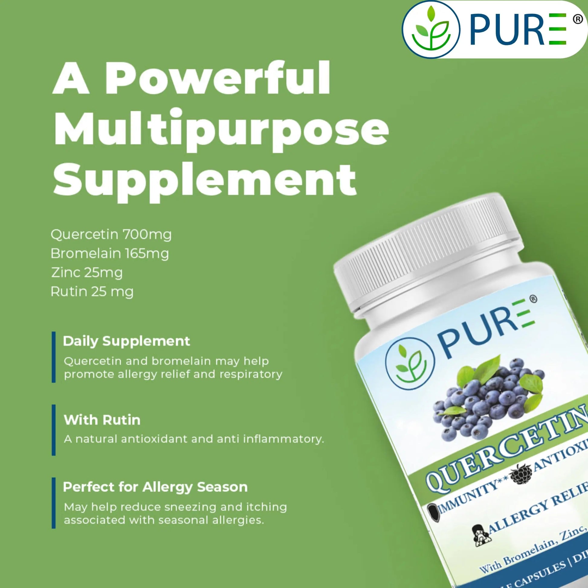 PURE® Quercetin+ with Zinc, Bromelain, Rutin Immune Shield - 60 Capsules - High Bioavailability Antioxidant Complex for Respiratory Health & Viral Defense - Made in USA PURE Au supplements