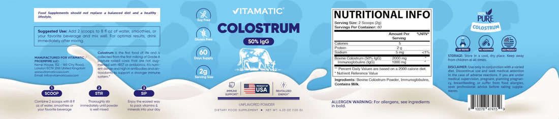Vitamatic Bovine Colostrum Powder - 50% Highest IgG -120 Gram - Supplement for Gut Health, Hair Growth, Beauty, Muscle Recovery, & Immune Support - Easy to Mix - Unflavored - 60 Servings Vitamatic Au supplements