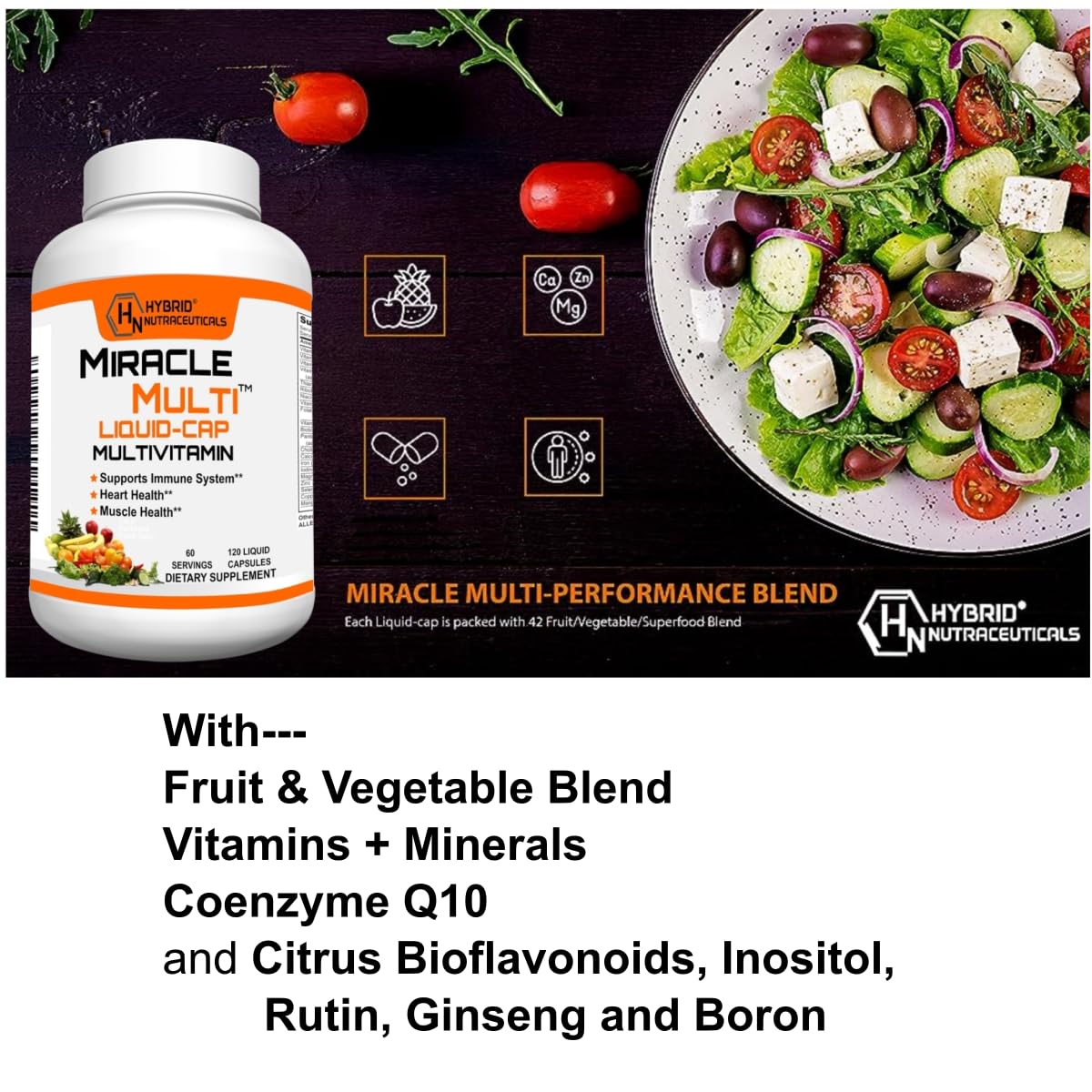 MiracleMulti Liquid Multivitamin Capsules for Men & Women - Complete Whole Food Blend Daily Vitamin & Mineral Supplement with CoQ10, B12, 42 Superfood Enzyme - 120 Softgels Hybrid Nutraceuticals Au supplements
