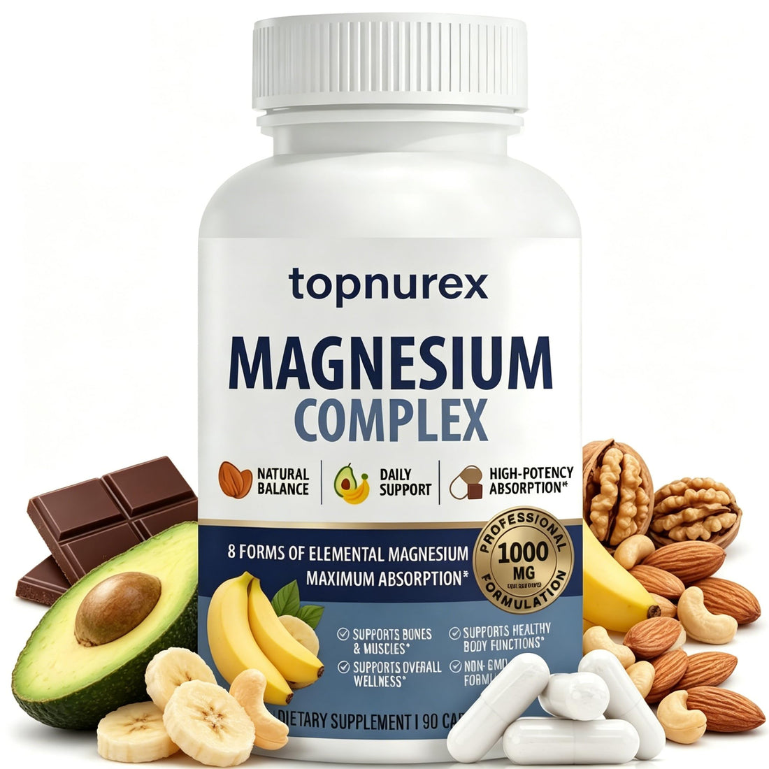 Topnurex Magnesium Complex for Women & Men - 1000mg High Absorption, 8 Essential Magnesium, 90 Capsules Topnurex Au supplements