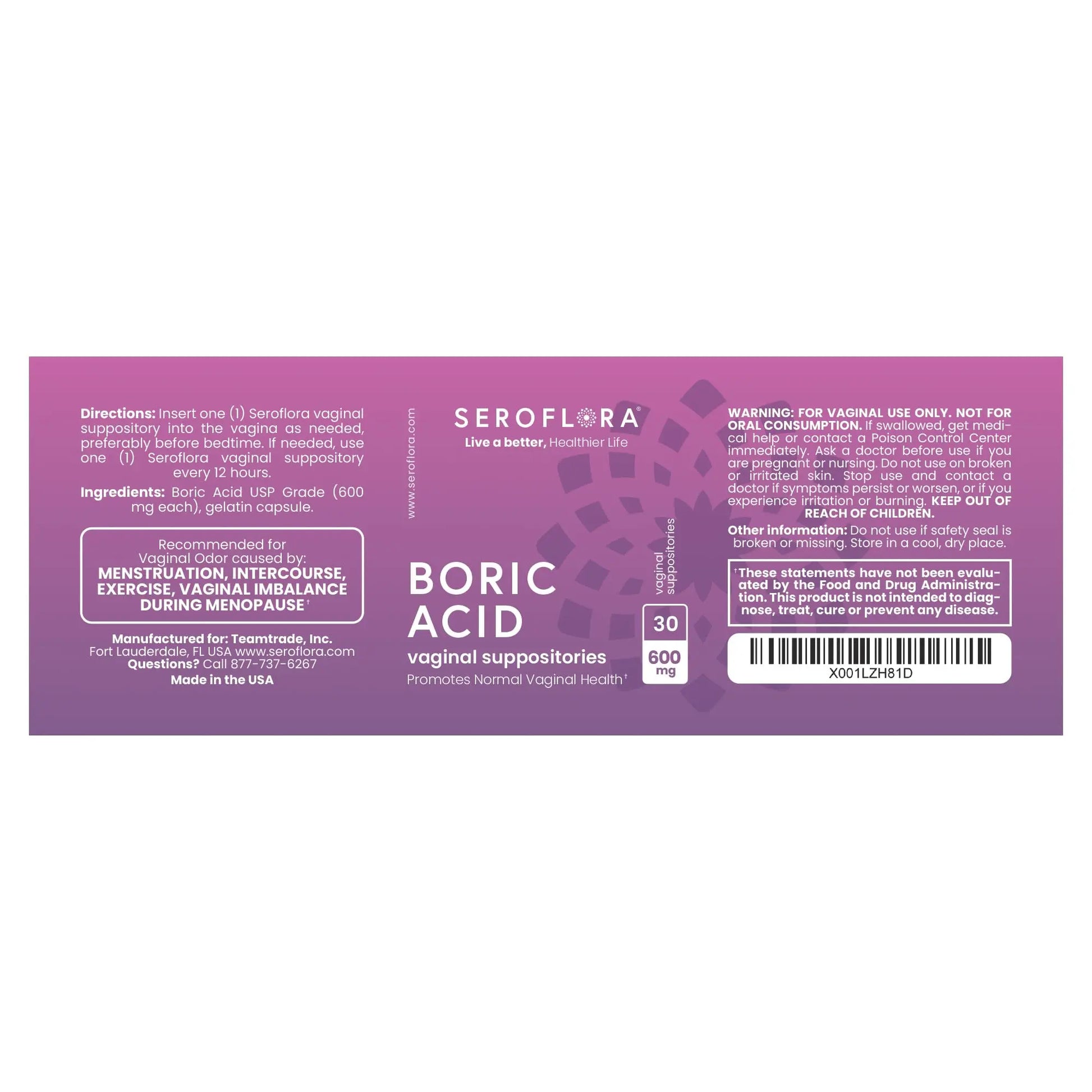 Seroflora Boric Acid 600mg Feminine Capsules, Feminine pH Support, Intimate Freshness for Women, Fast-Dissolving Capsules (60 Count) Seroflora Au supplements