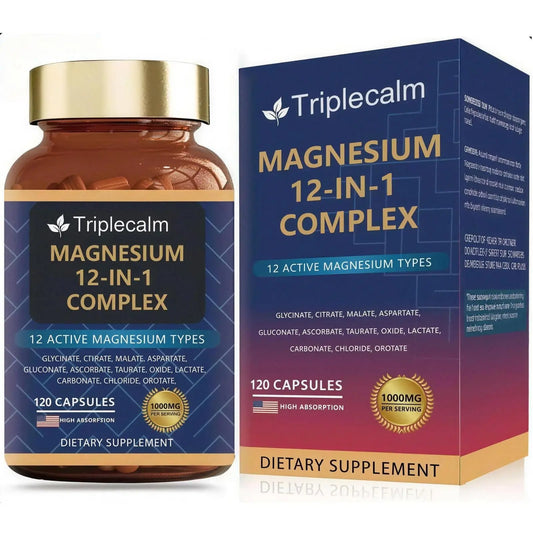 Magnesium Complex 12 in 1 Supplement - 12 Elemental 1000mg - Magnesium Glycinate, Citrate, Malate, Taurate - High Absorption,for Muscle, Nerve & Sleep Support - 120 Capsules TriplecalmAu supplements