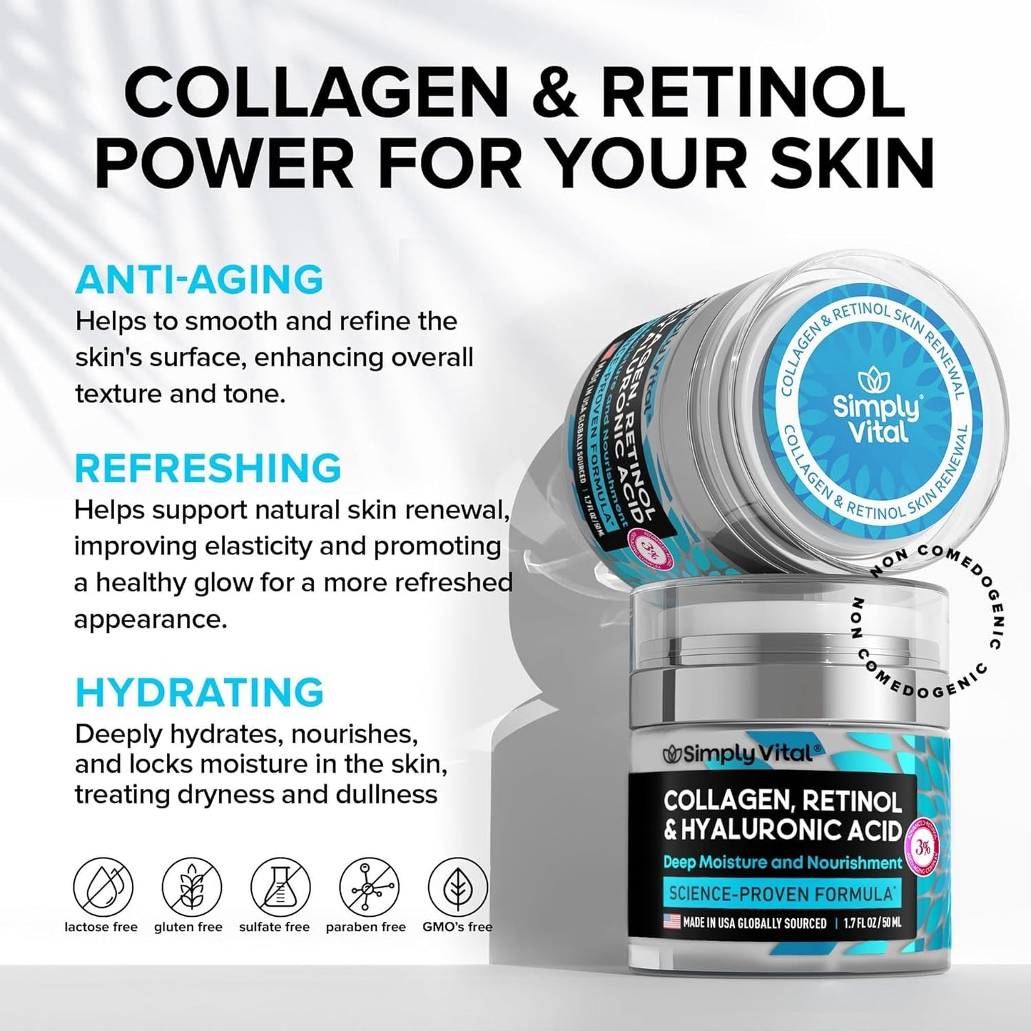 Anti-Aging Face Moisturizer with Retinol, Collagen & Hyaluronic Acid - Made in USA - Moisturizer Face Cream for Women & Men - Firming & Hydrating Neck Cream - Day & Night Skin Care - 1.7 fl oz SimplyVital buy supplements Au