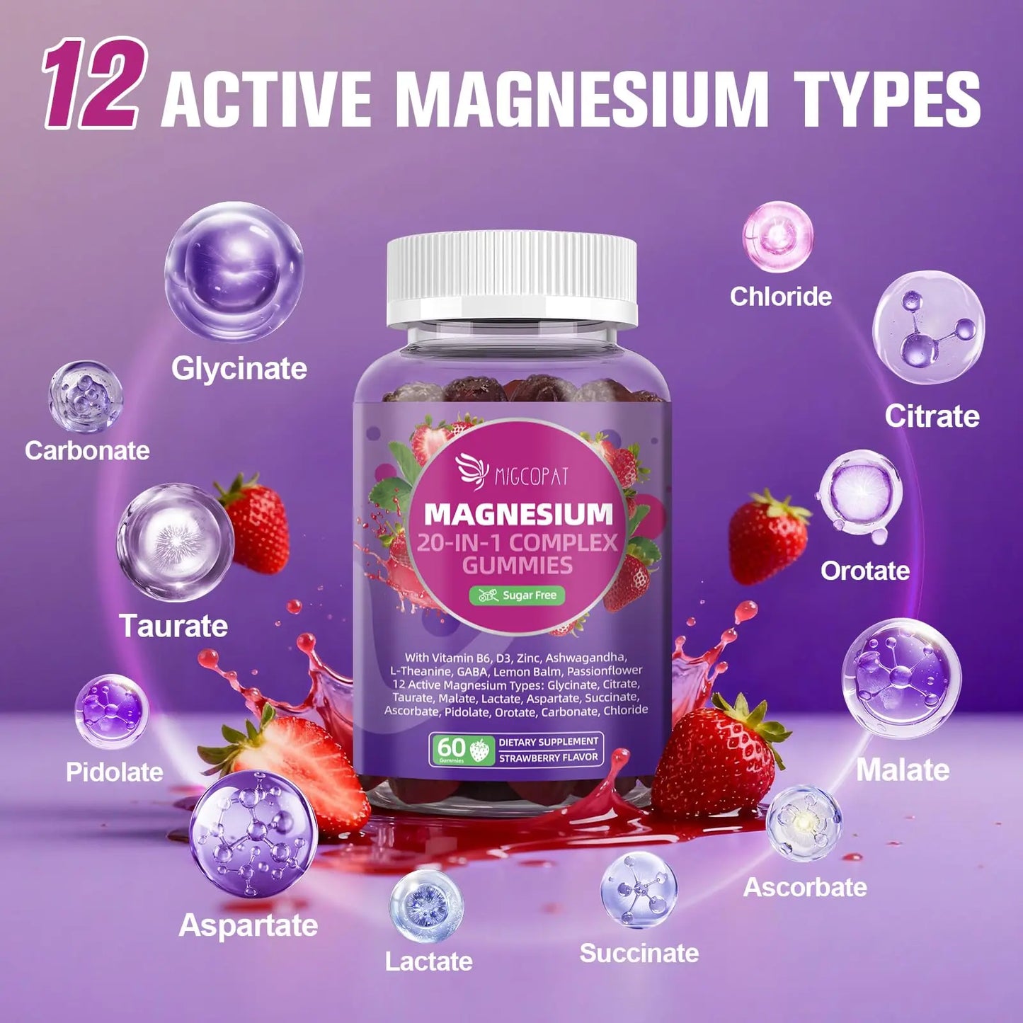 Migcopat Magnesium Complex Gummies, 20 in 1 Magnesium Gummy with Glycinate Citrate Malate Taurate - Ashwagandha, L-Theanine, D3&Zinc for Relaxation, MigcopatAU supplements